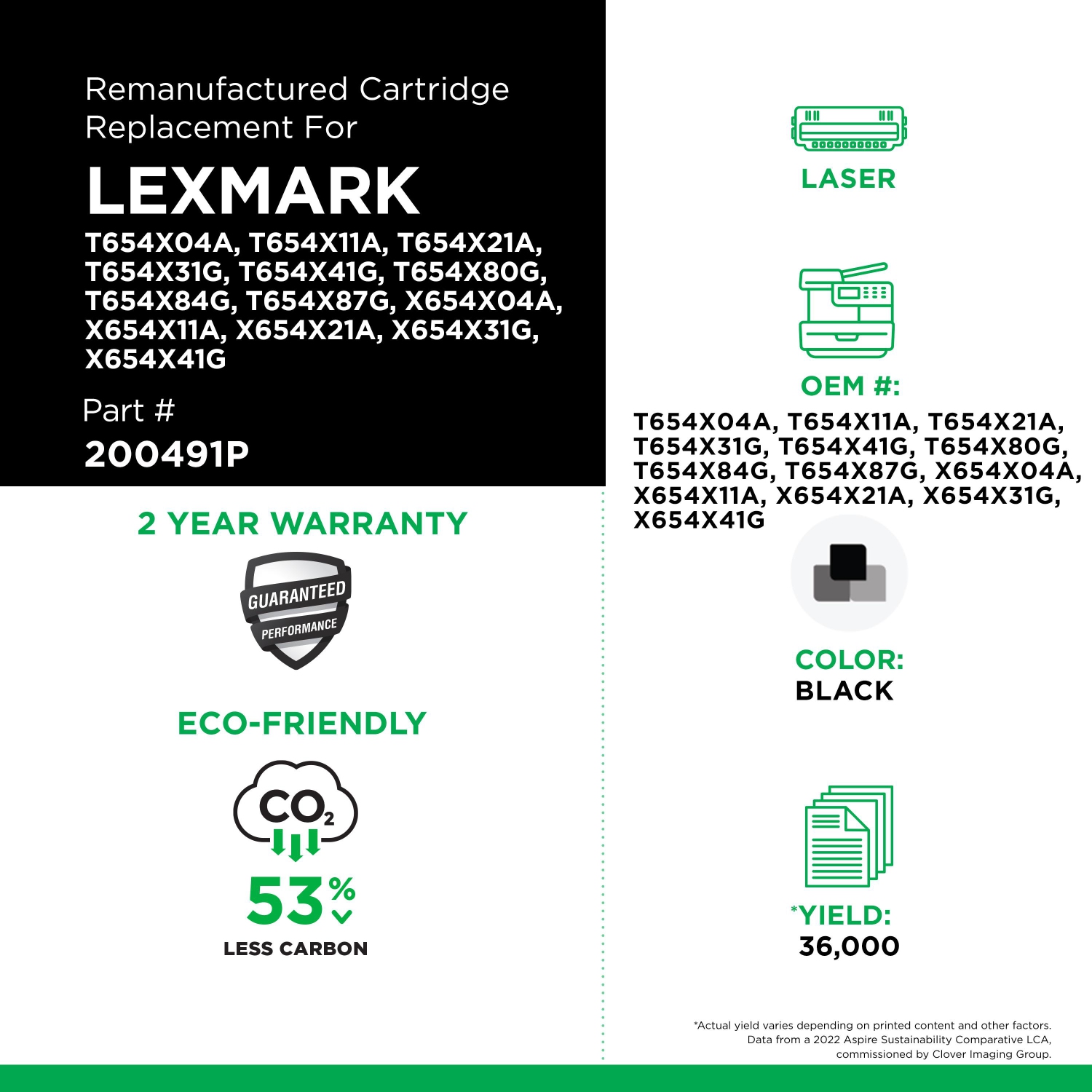 Clover Imaging Group Remanufactured Black Toner Cartridge for Lexmark T654/T656/X654/X656/X658 -