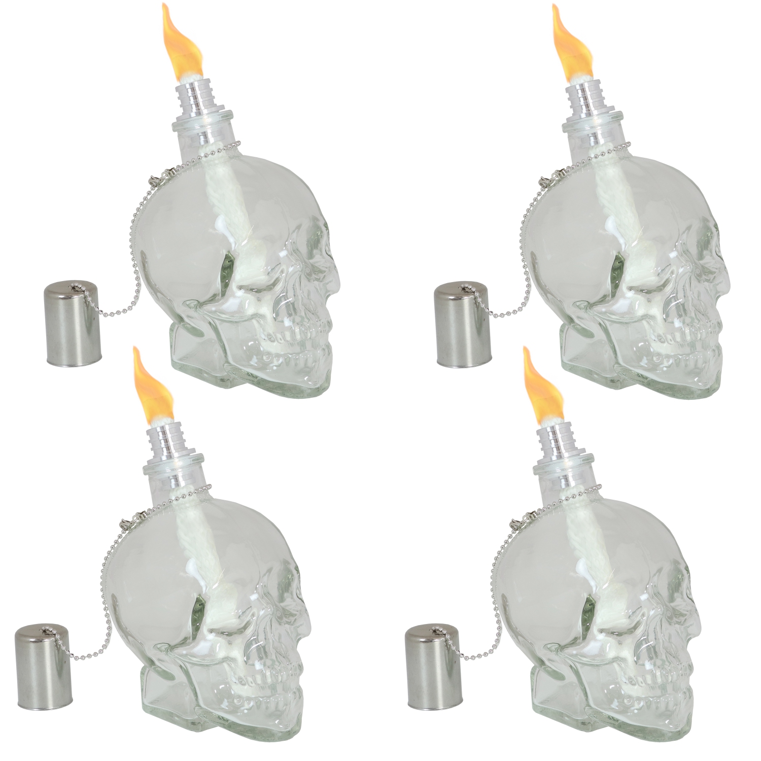 Sunnydaze Glass/Aluminum Grinning Skull Tabletop Torches - Clear - Set of 4