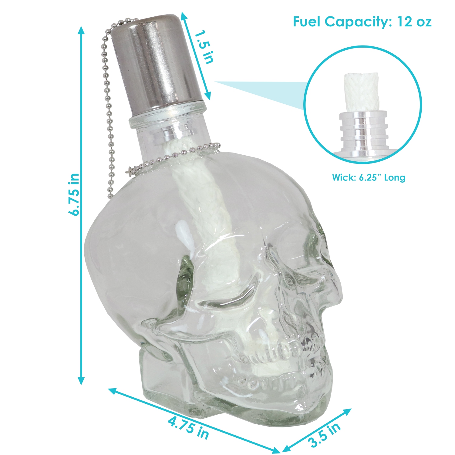 Sunnydaze Glass/Aluminum Grinning Skull Tabletop Torches - Clear - Set of 4