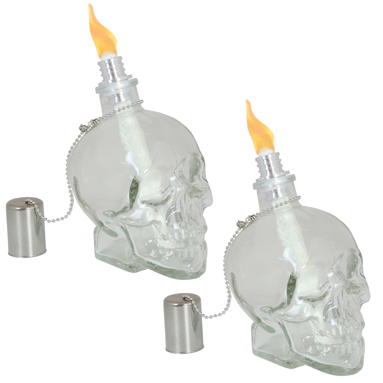 Sunnydaze Glass/Aluminum Grinning Skull Tabletop Torches - Clear - Set of 2