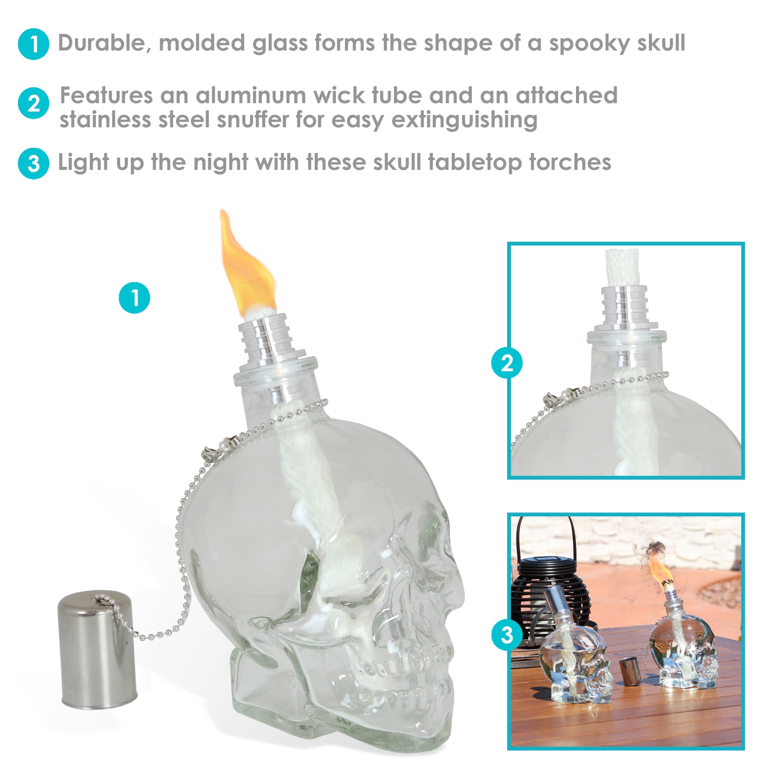 Sunnydaze Glass/Aluminum Grinning Skull Tabletop Torches - Clear - Set of 2