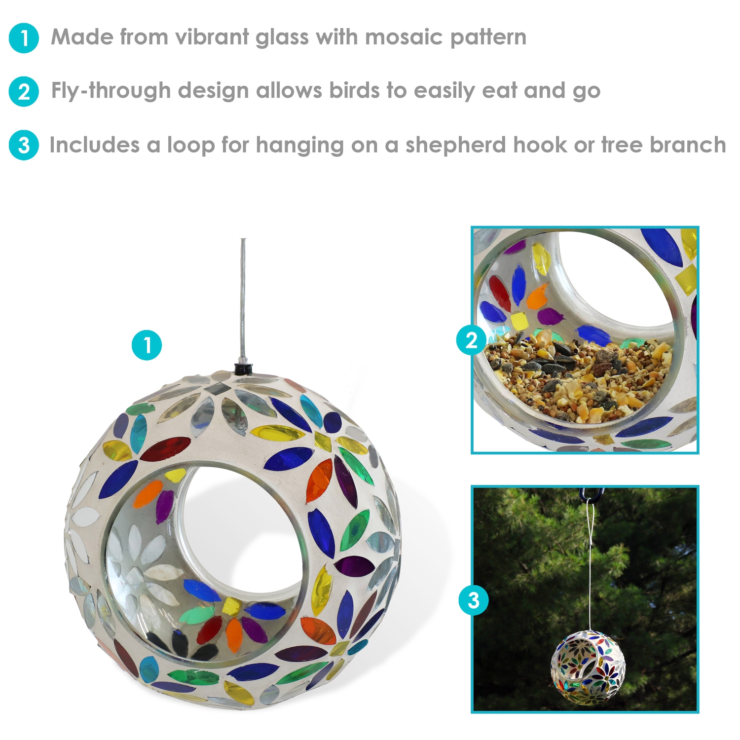 Sunnydaze Rainbow Daisies Mosaic Fly-Through Hanging Bird Feeder - 6 in