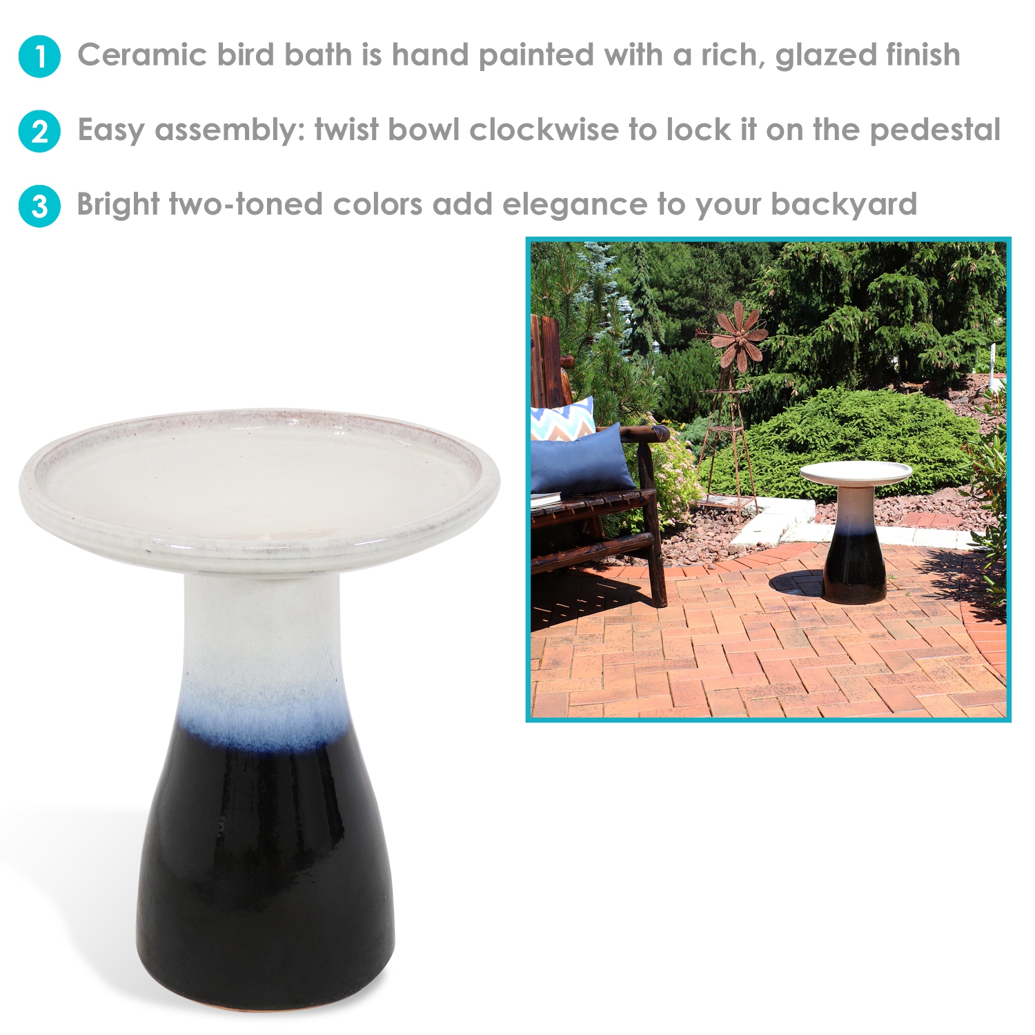 Sunnydaze Subtle Transitions Ceramic Bird Bath - 18.5 in - Twilight