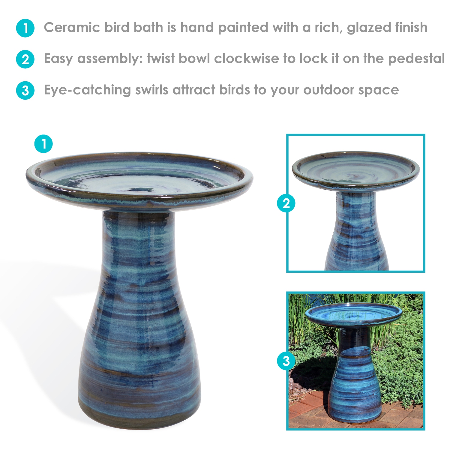Sunnydaze Elegant Glazed Ceramic Bird Bath - 20.5 in - Galaxy Blue
