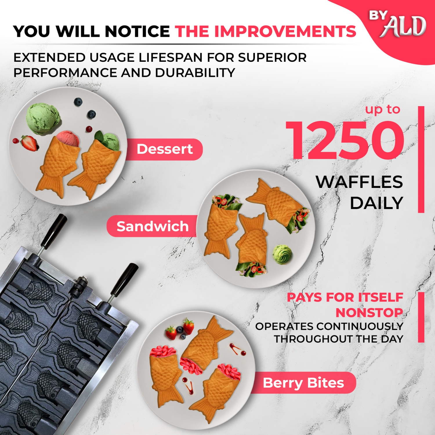 AR-1105 Gaufrier Taiyaki | Machine Taiyaki commerciale | 5 gaufres en forme de poisson à ouverture ouverte | Acier inoxydable | 110&nbsp;V