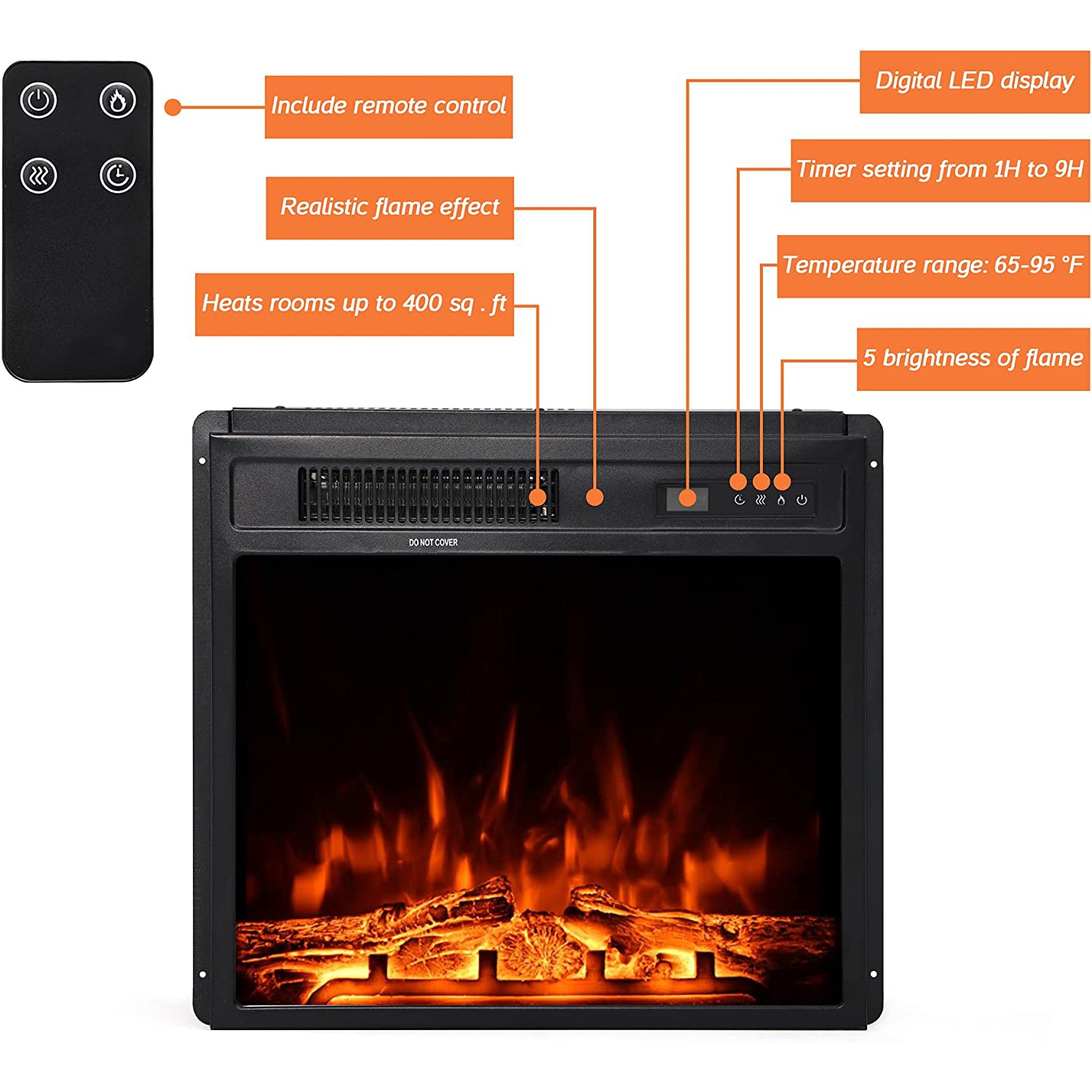 WAMPAT Electric Fireplace Insert 18'' Freestanding Heater with Remote Control, RV Fire Place for TV Stand with 5 Adjustable Flame and Timer