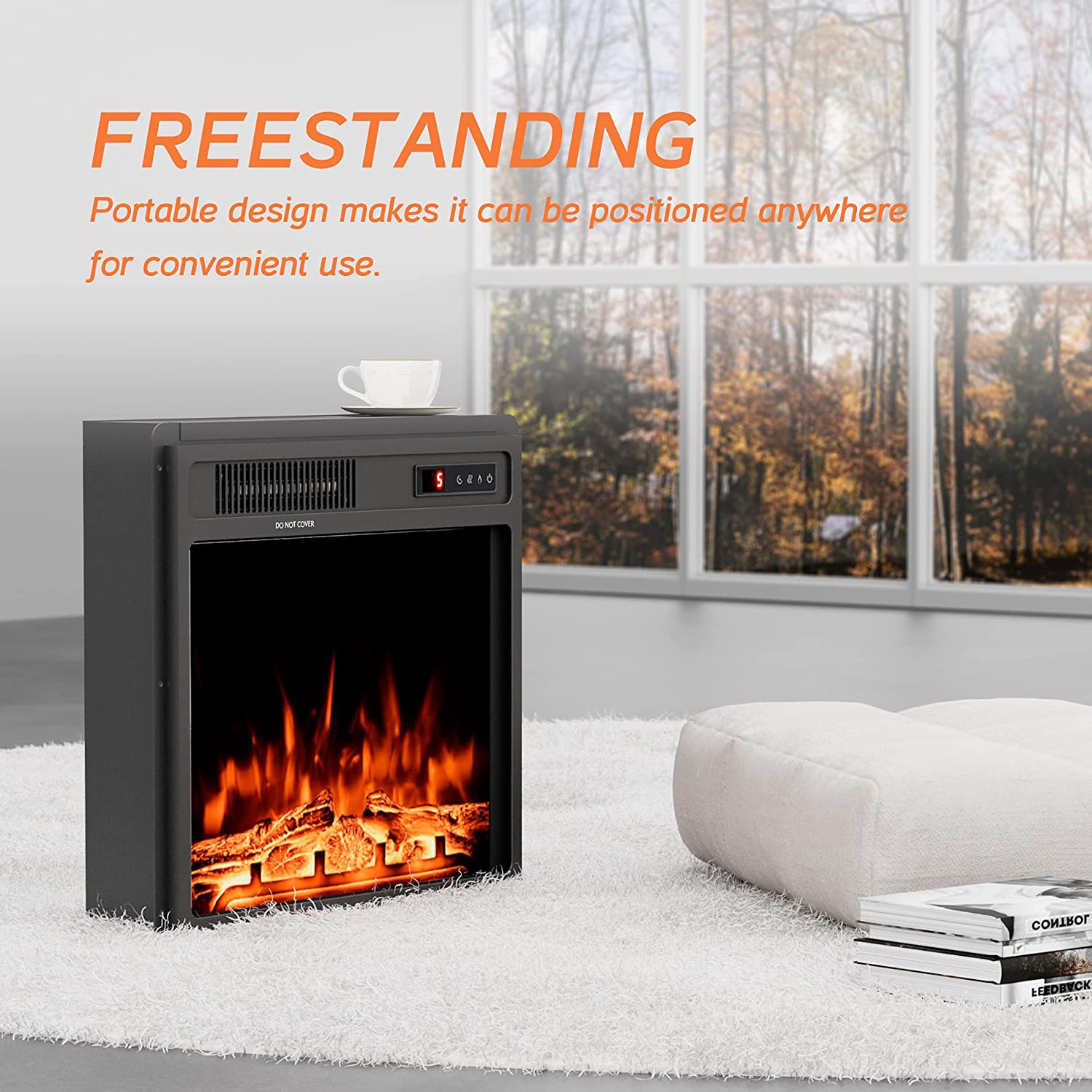 WAMPAT Electric Fireplace Insert 18'' Freestanding Heater with Remote Control, RV Fire Place for TV Stand with 5 Adjustable Flame and Timer