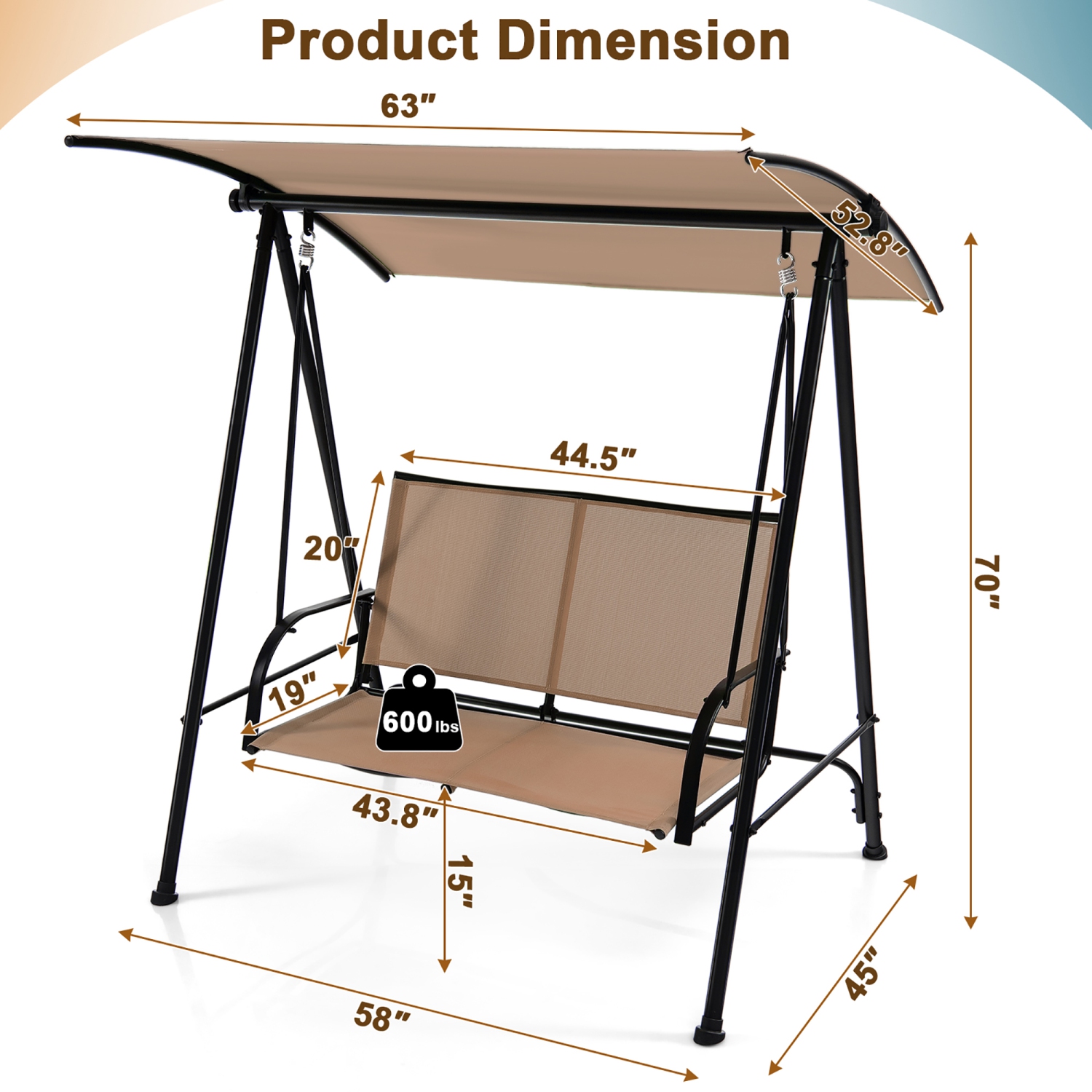 Costway 2-Seat Patio Swing Porch Swing with Adjustable Canopy for Garden