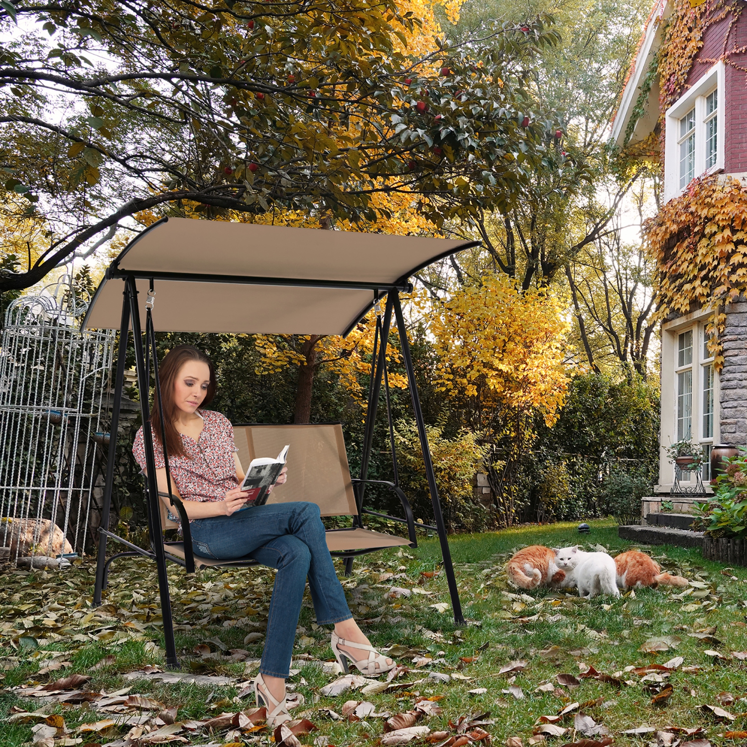 Costway 2-Seat Patio Swing Porch Swing with Adjustable Canopy for Garden
