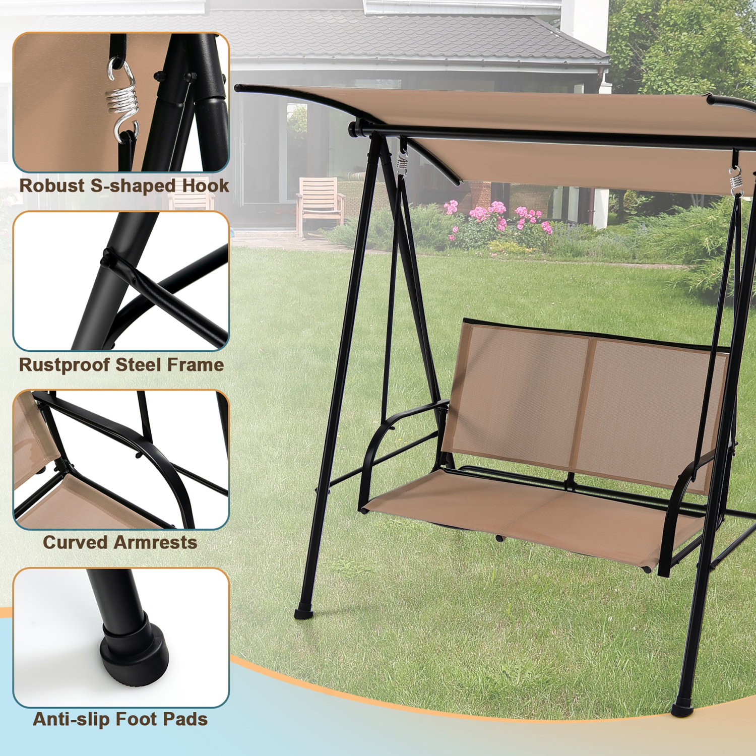 Costway 2-Seat Patio Swing Porch Swing with Adjustable Canopy for Garden