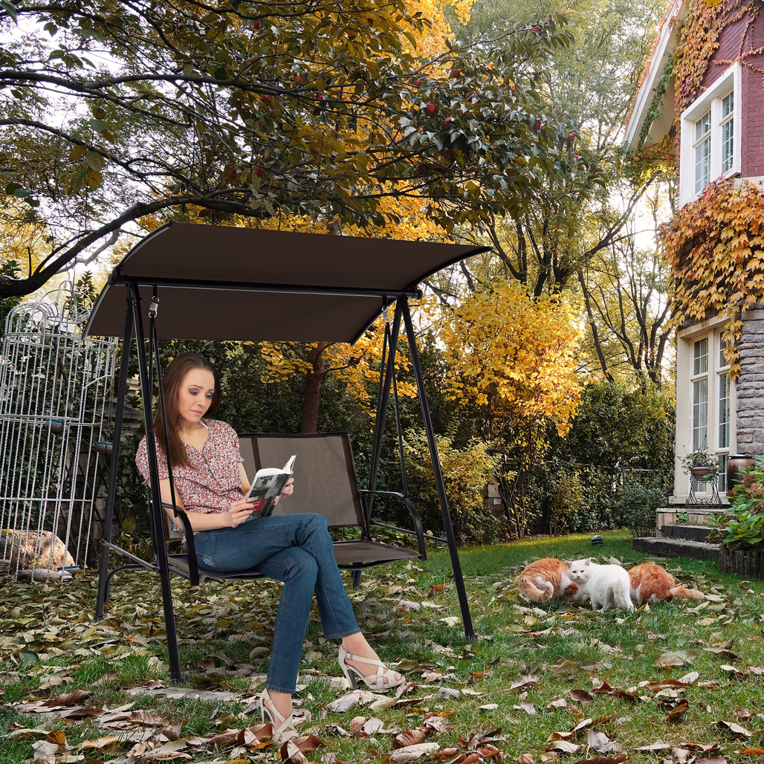 Costway 2-Seat Patio Swing Porch Swing with Adjustable Canopy for Garden