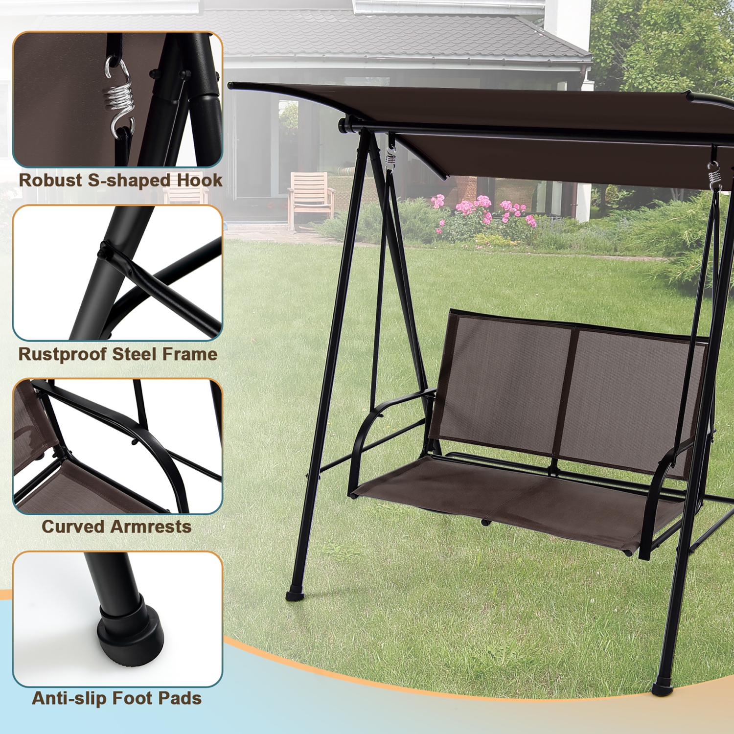 Costway 2-Seat Patio Swing Porch Swing with Adjustable Canopy for Garden