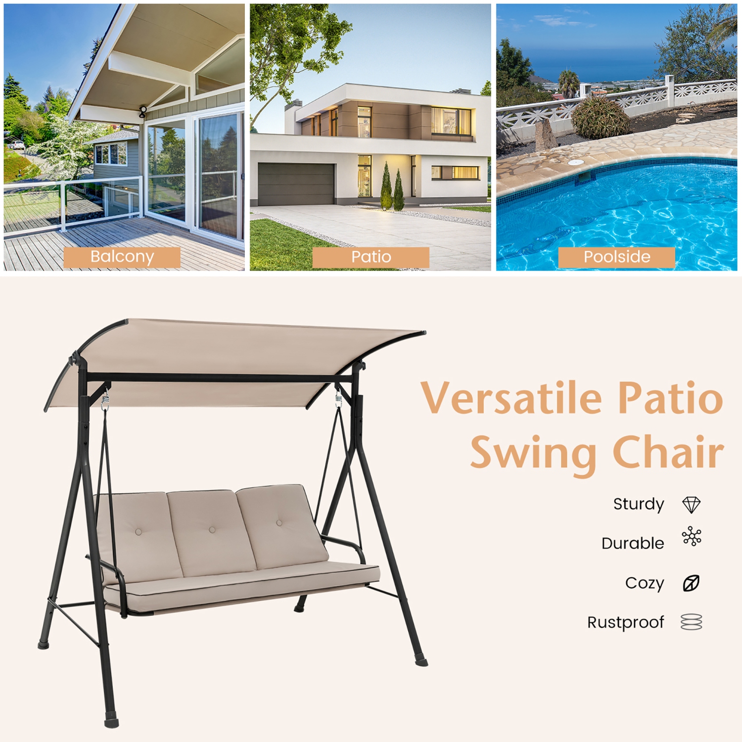 Costway 3-Person Hammock Chair Patio Porch Swing with Adjustable Canopy, Removable Cushion