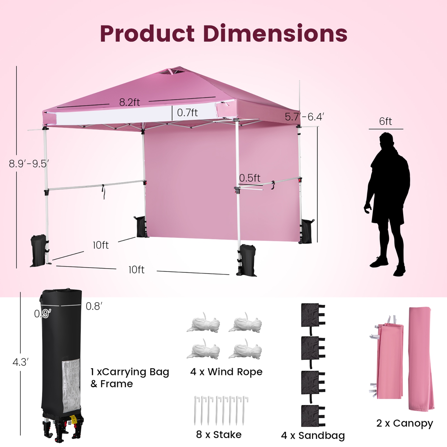 Costway 10'x10'Commercial Pop-up Canopy Tent Sidewall Folding Market Patio White/Pink