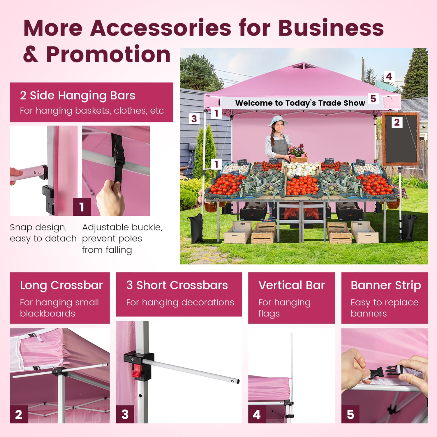 Costway 10'x10'Commercial Pop-up Canopy Tent Sidewall Folding Market Patio White/Pink