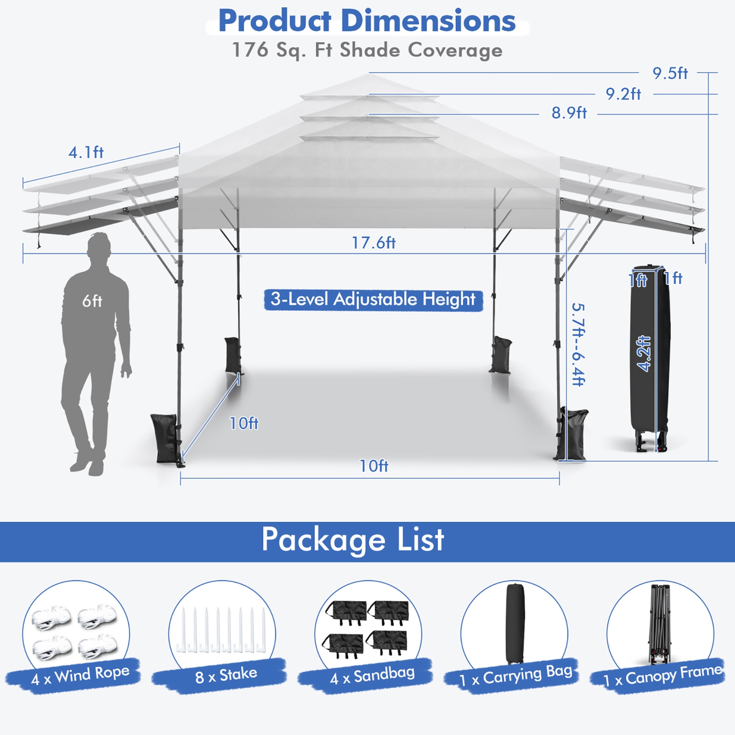 Costway 10'x17.6'Outdoor Instant Pop-up Canopy Tent Dual Half Awnings Adjust Patio
