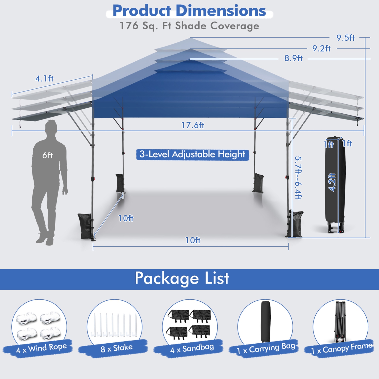 Costway 10'x17.6'Outdoor Instant Pop-up Canopy Tent Dual Half Awnings Adjust Patio