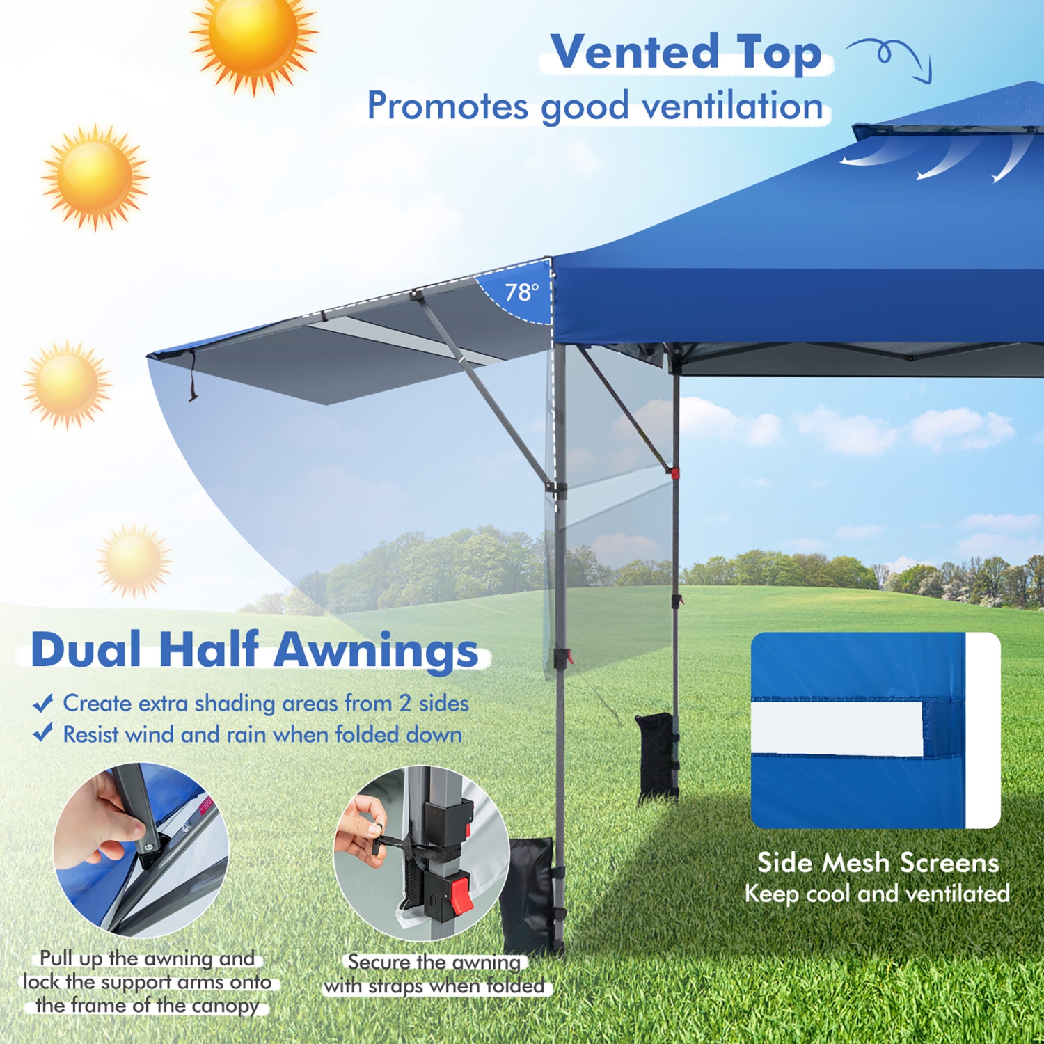 Costway 10'x17.6'Outdoor Instant Pop-up Canopy Tent Dual Half Awnings Adjust Patio
