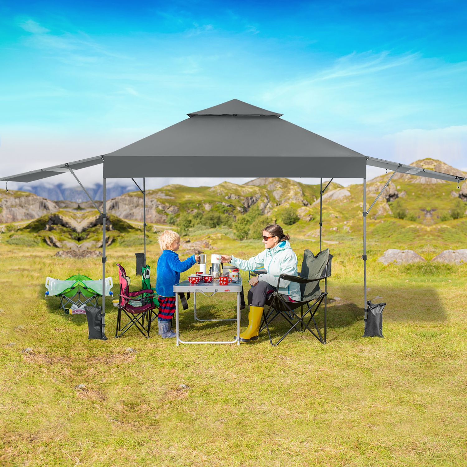 Costway 10'x17.6'Outdoor Instant Pop-up Canopy Tent Dual Half Awnings Adjust Patio
