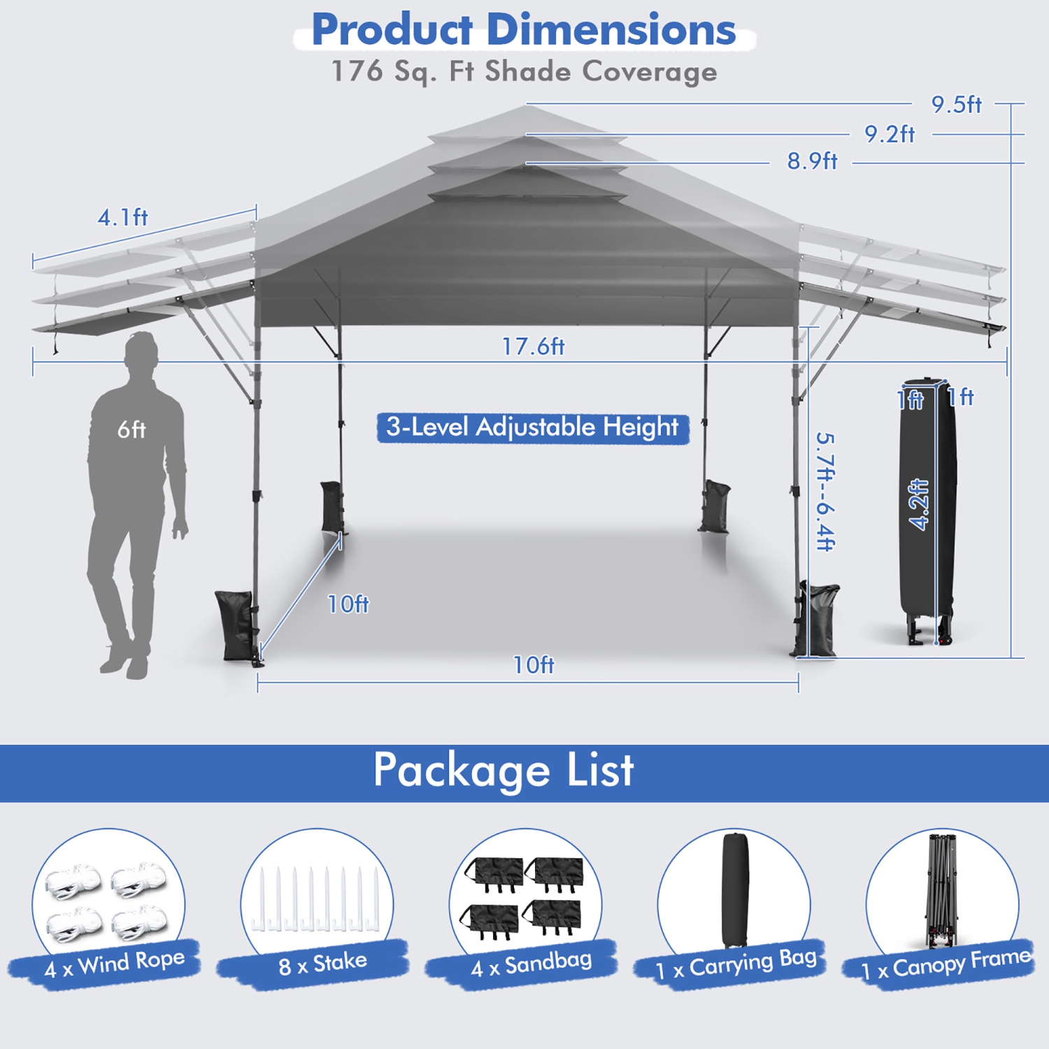 Costway 10'x17.6'Outdoor Instant Pop-up Canopy Tent Dual Half Awnings Adjust Patio
