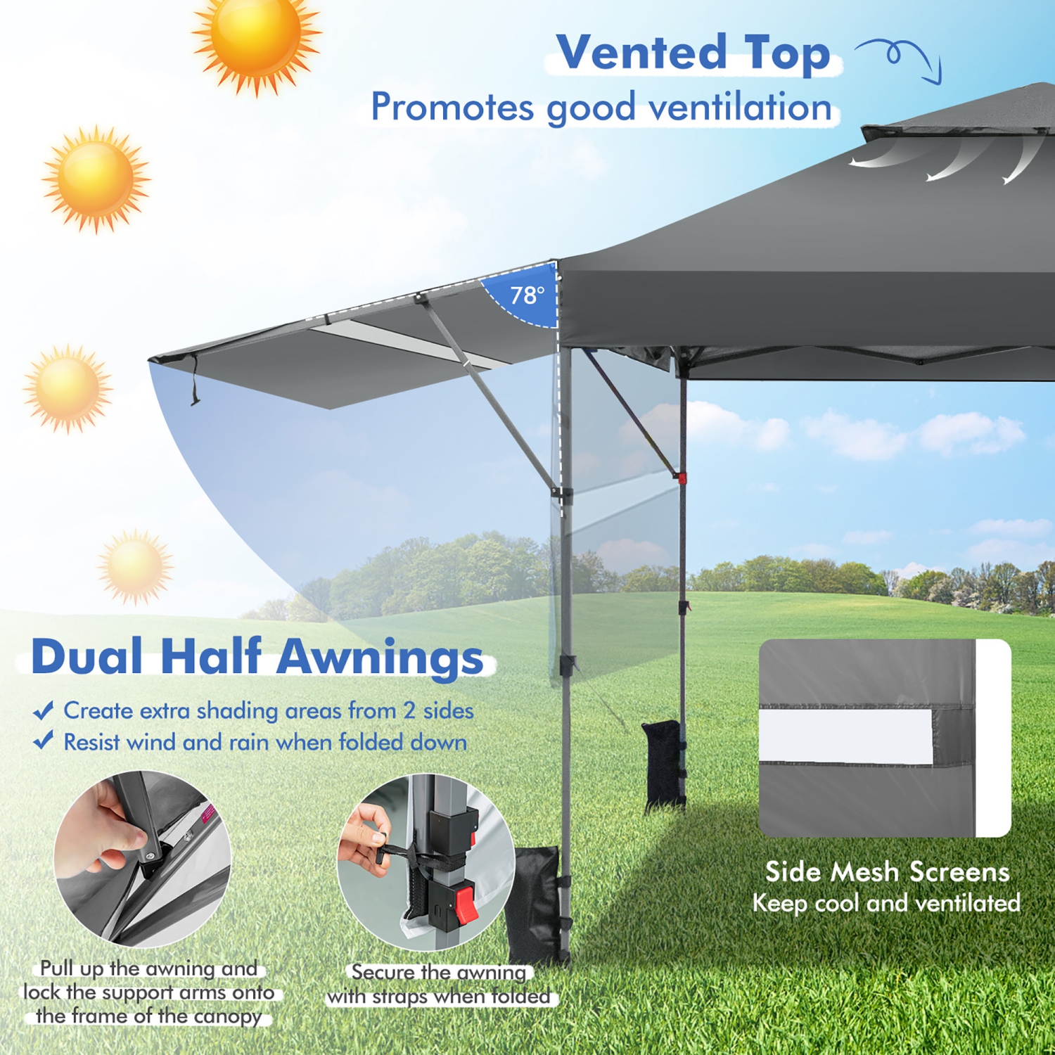Costway 10'x17.6'Outdoor Instant Pop-up Canopy Tent Dual Half Awnings Adjust Patio