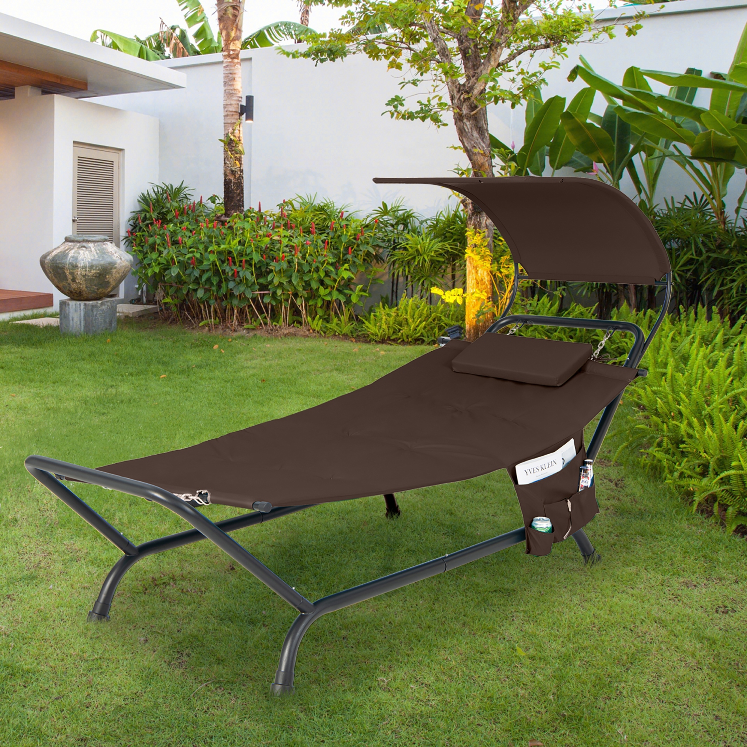Costway Patio Hanging Chaise Lounge Chair with Canopy, Cushion, Pillow & Storage Bag
