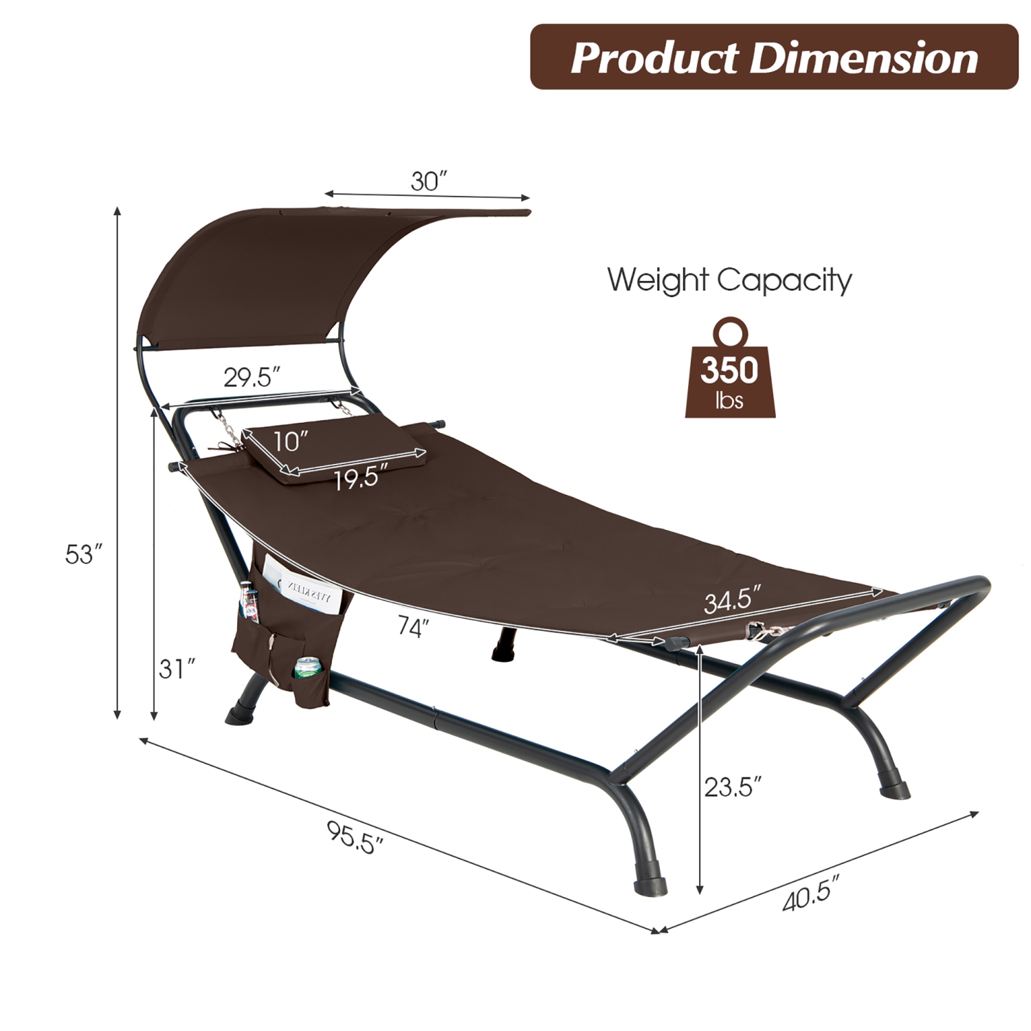 Costway Patio Hanging Chaise Lounge Chair with Canopy, Cushion, Pillow & Storage Bag