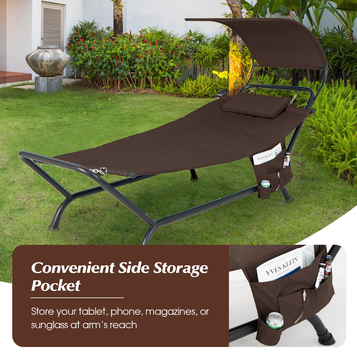 Costway Patio Hanging Chaise Lounge Chair with Canopy, Cushion, Pillow & Storage Bag