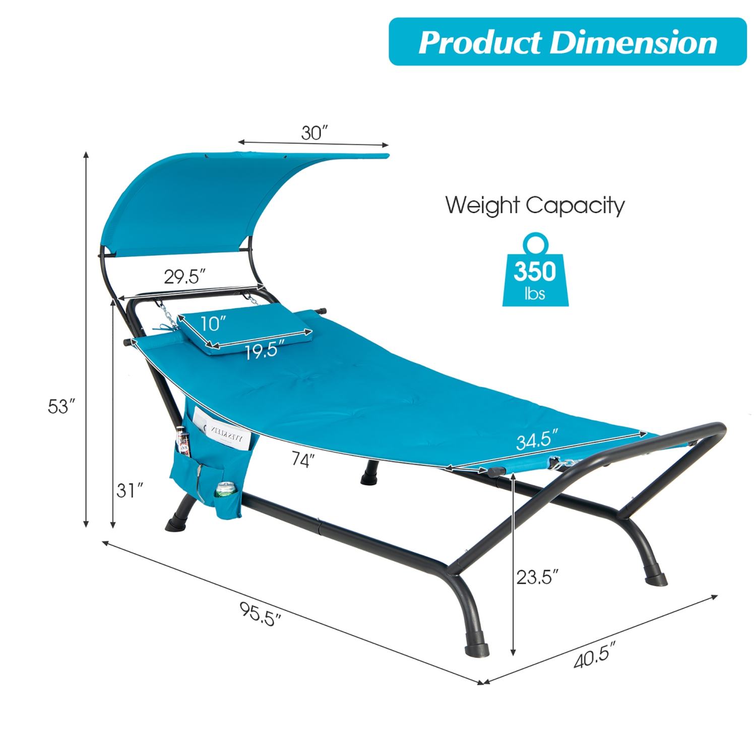 Costway Patio Hanging Chaise Lounge Chair with Canopy, Cushion, Pillow & Storage Bag