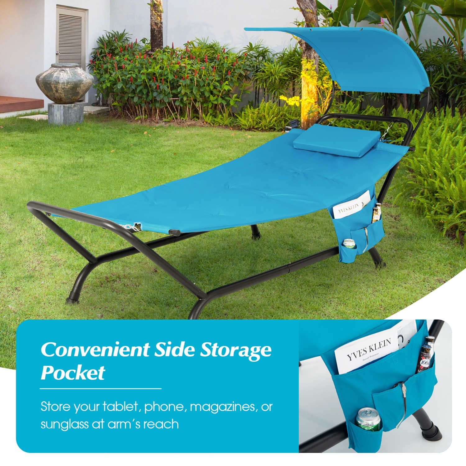 Costway Patio Hanging Chaise Lounge Chair with Canopy, Cushion, Pillow & Storage Bag