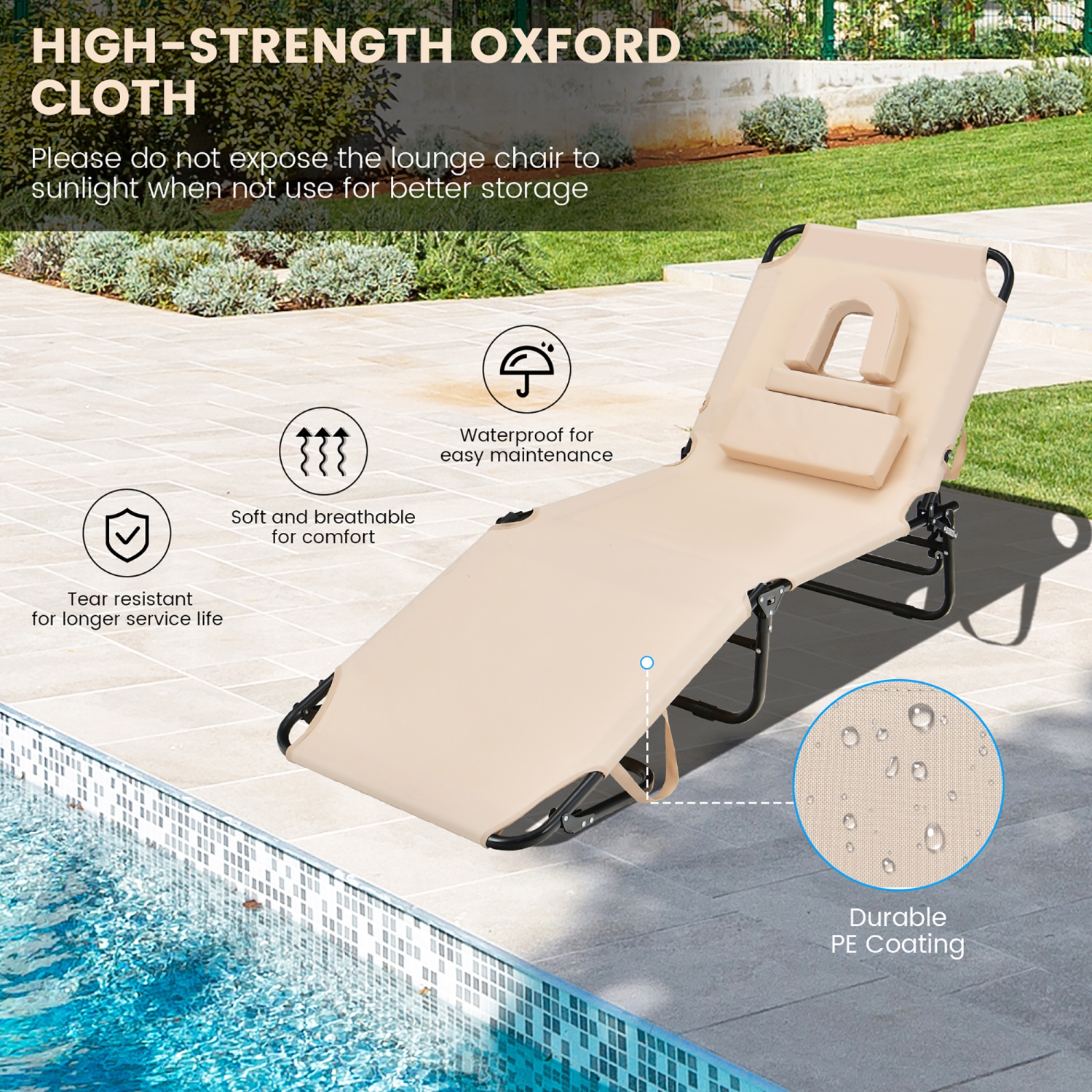 Costway Beach Chaise Lounge Chair with Face Hole Pillows & 5-Position Adjustable Backrest