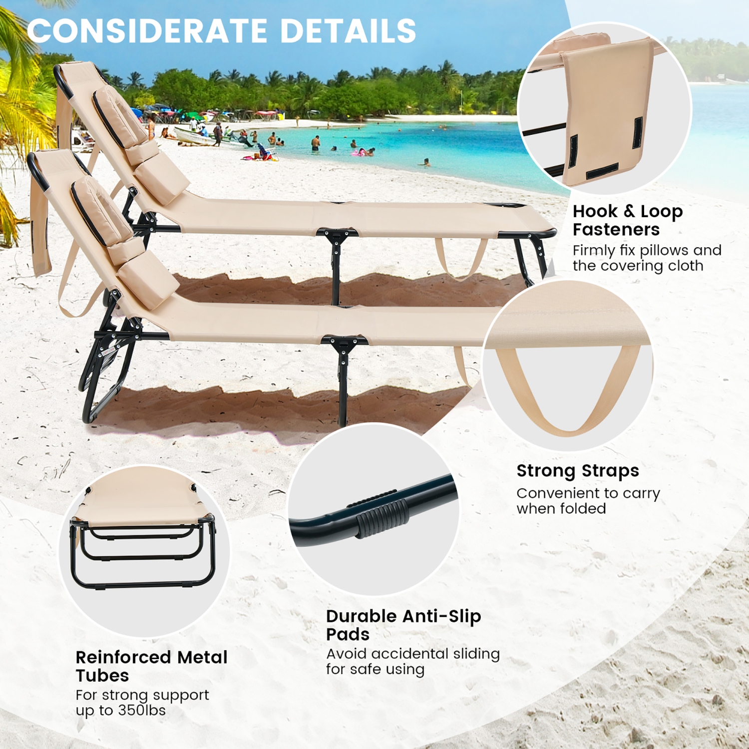 Costway Beach Chaise Lounge Chair with Face Hole Pillows & 5-Position Adjustable Backrest