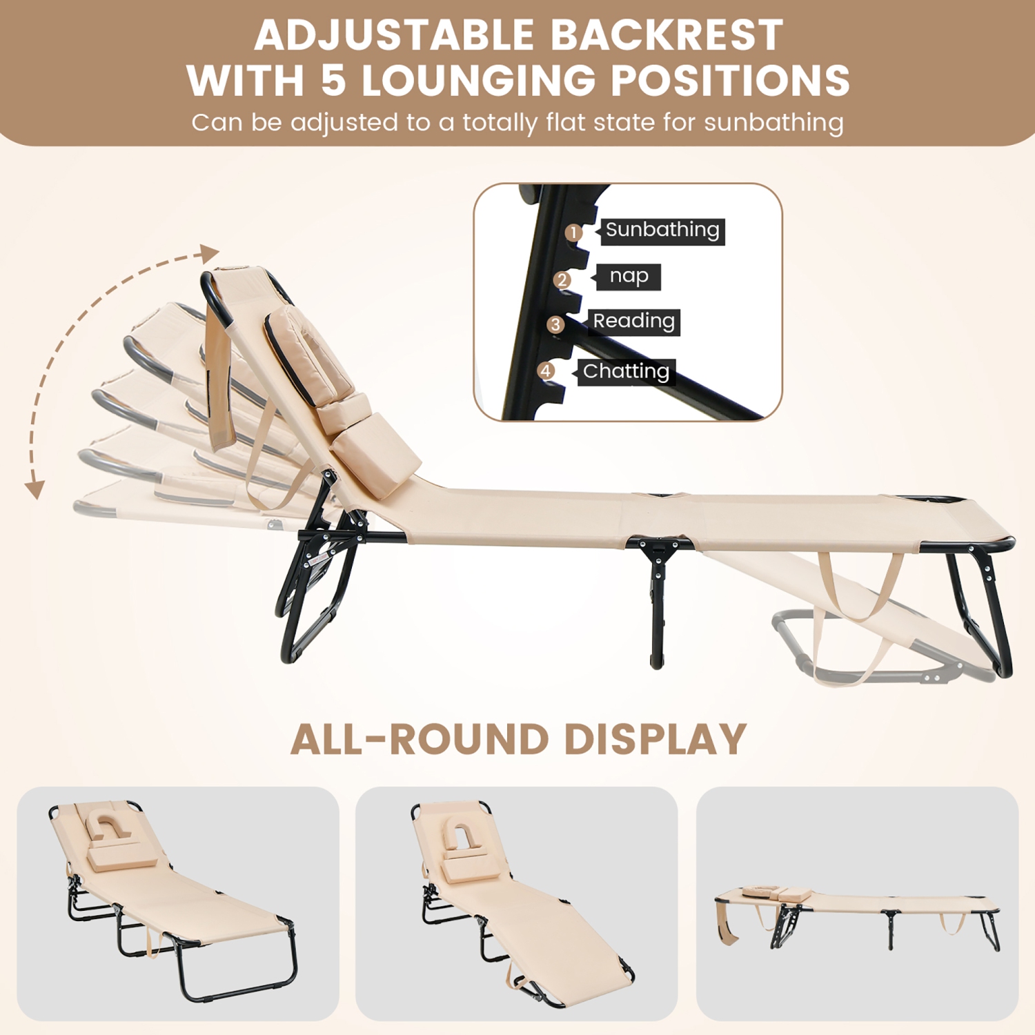 Costway Beach Chaise Lounge Chair with Face Hole Pillows & 5-Position Adjustable Backrest