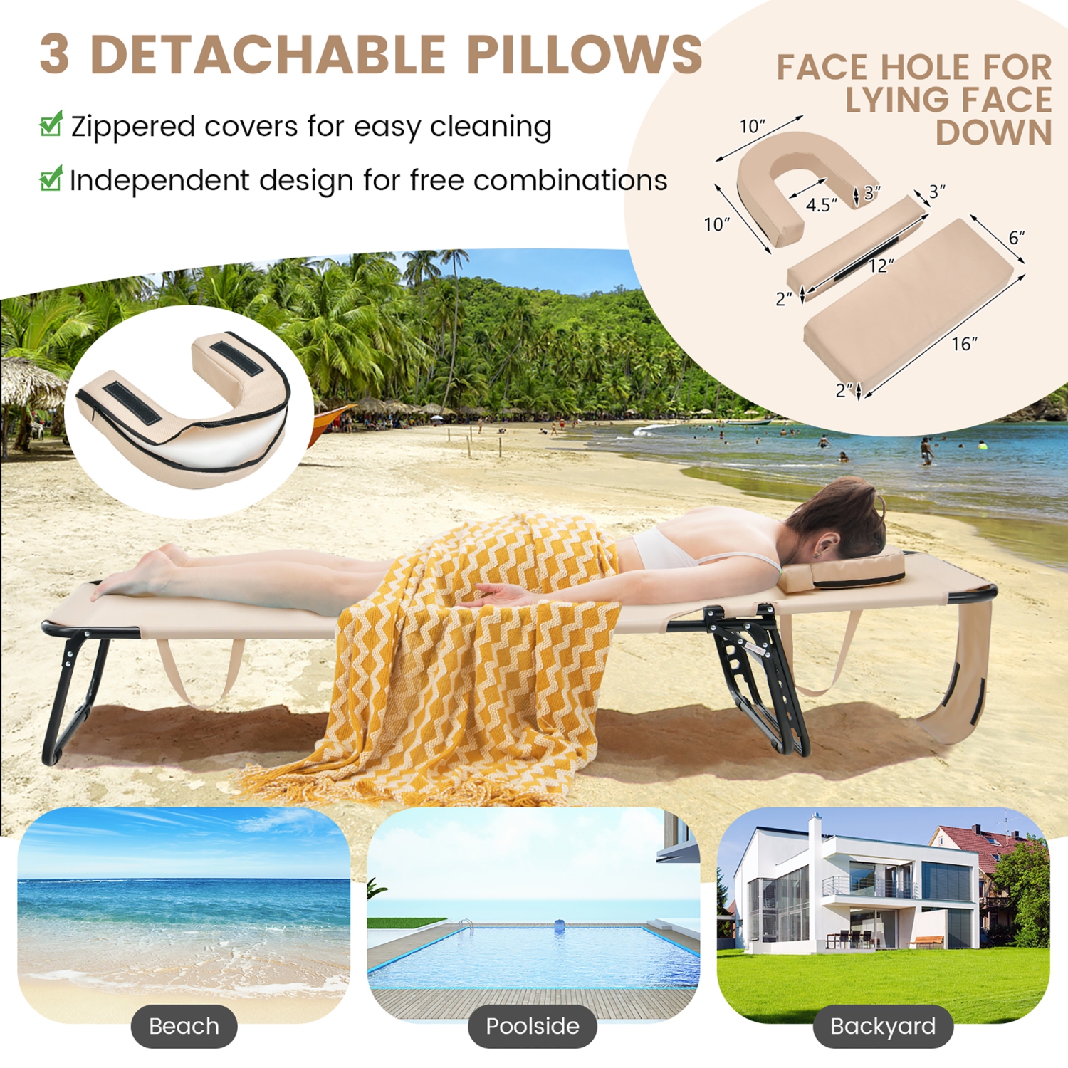Costway Beach Chaise Lounge Chair with Face Hole Pillows & 5-Position Adjustable Backrest
