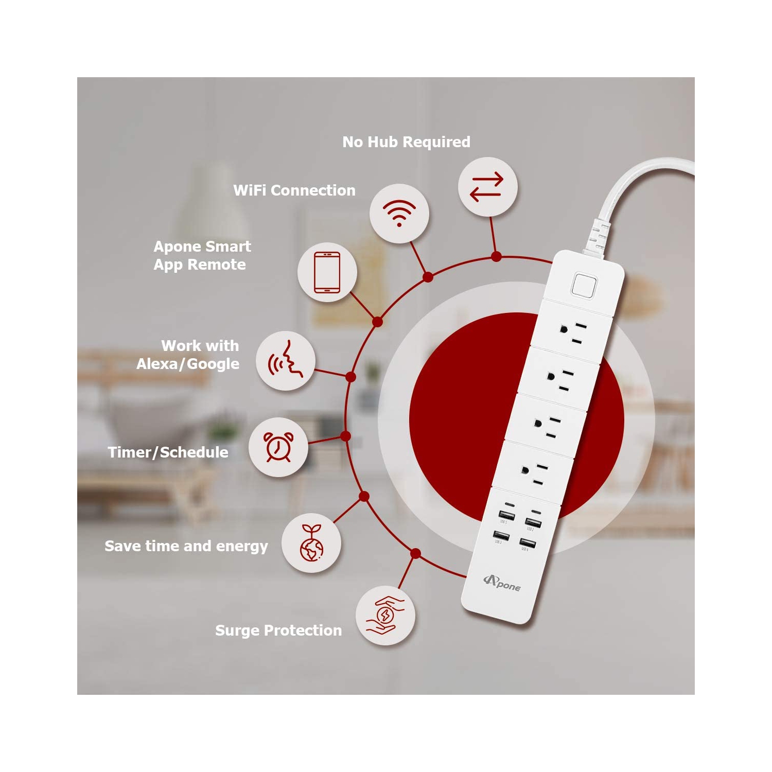 Parasurtenseur à prises intelligentes Apone avec ports USB, compatible avec Alexa et Google Home, aucun concentrateur requis