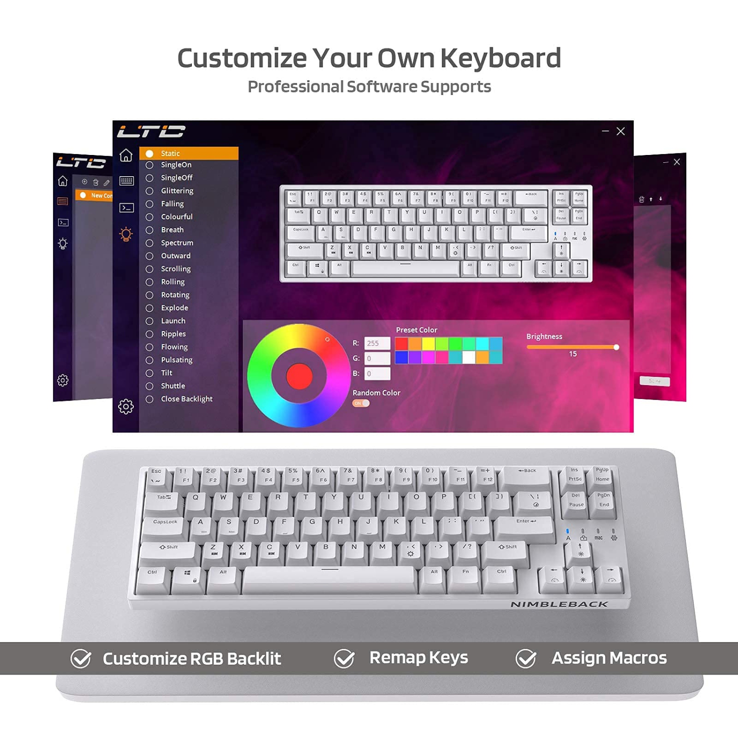 LTC NB681 Nimbleback Wired 65% Mechanical Keyboard, RGB Backlit Ultra-Compact 68 Keys Gaming Keyboard with Hot-Swappable Switch and Stand-Alone