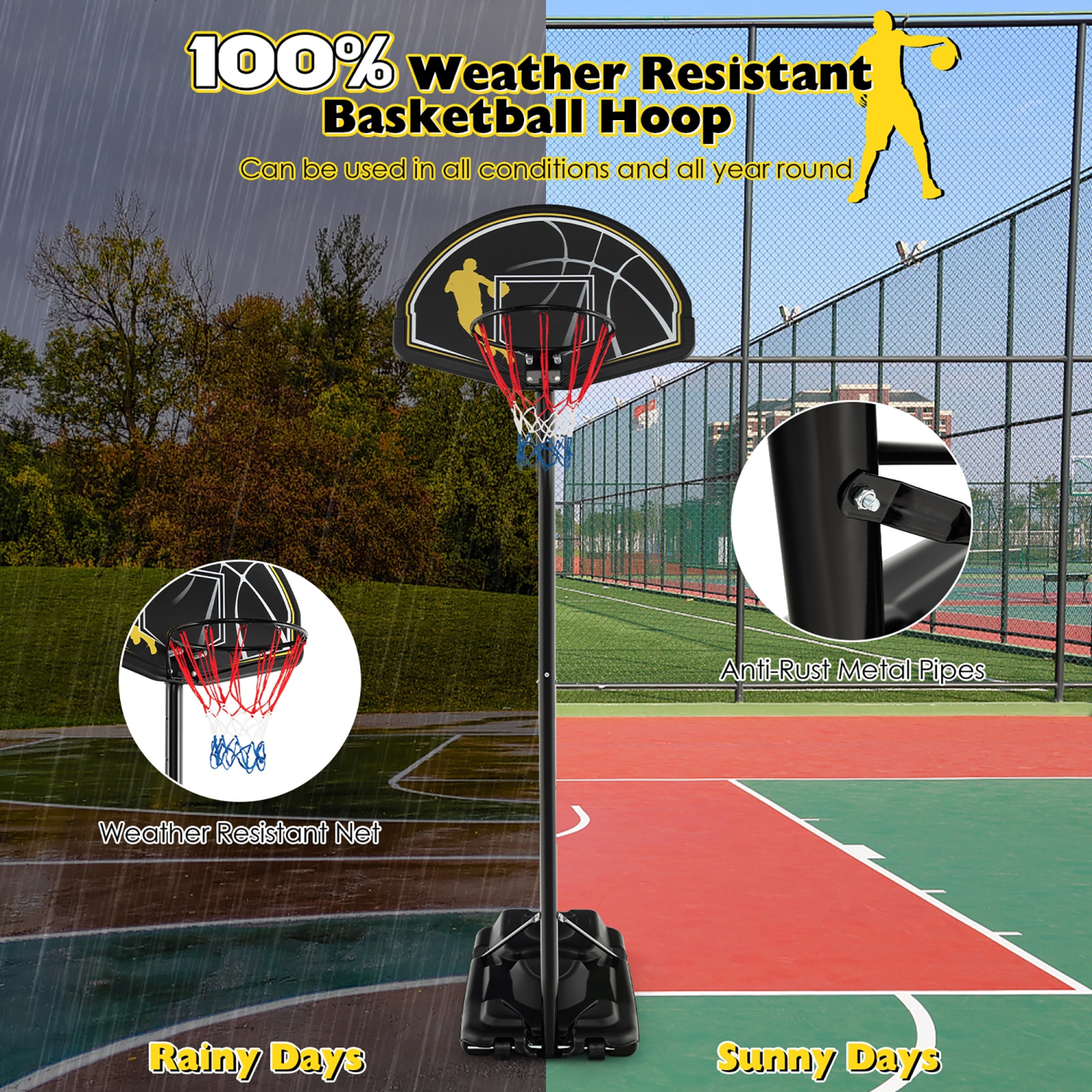 Costway 4.25-10FT Portable Adjustable Basketball Goal Hoop System with 2 Nets Fillable Base