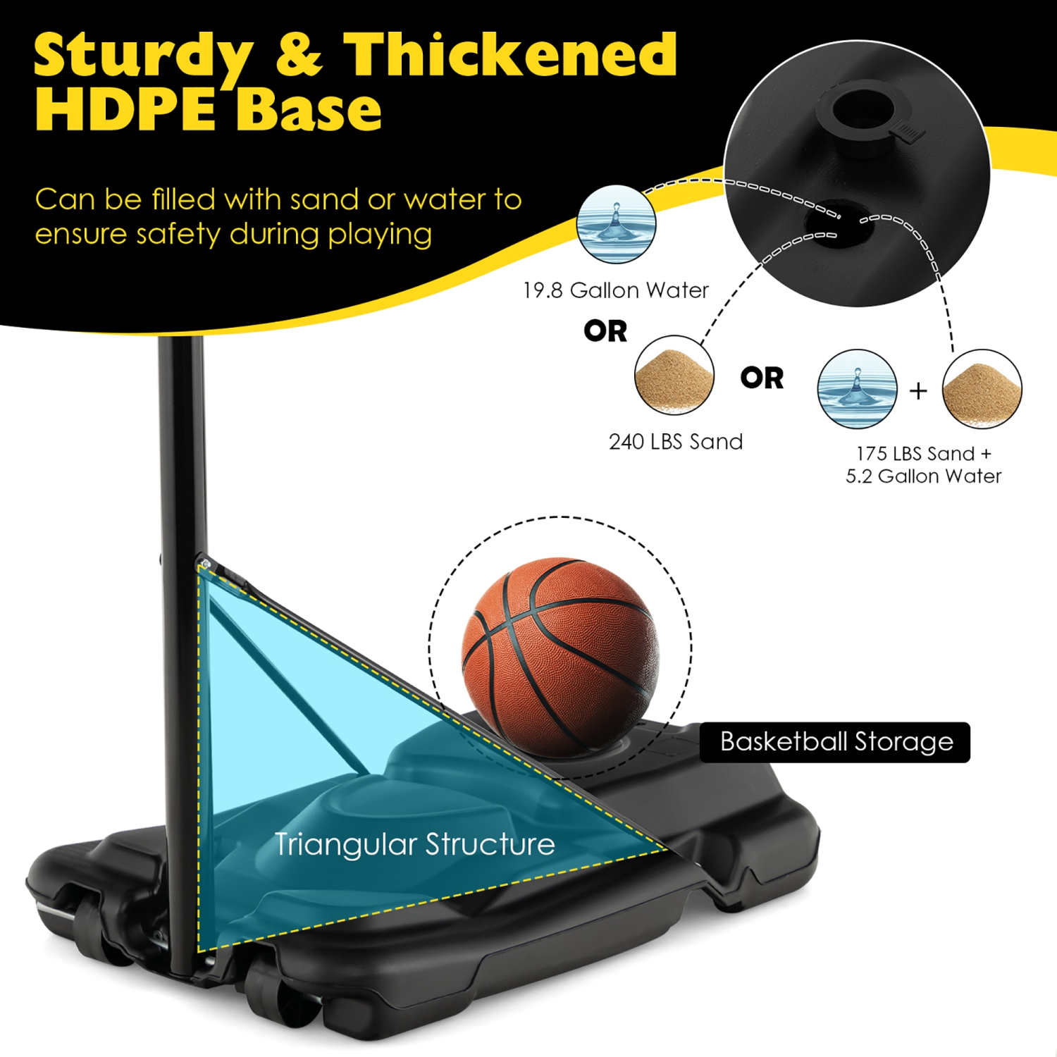 Costway 4.25-10FT Portable Adjustable Basketball Goal Hoop System with 2 Nets Fillable Base