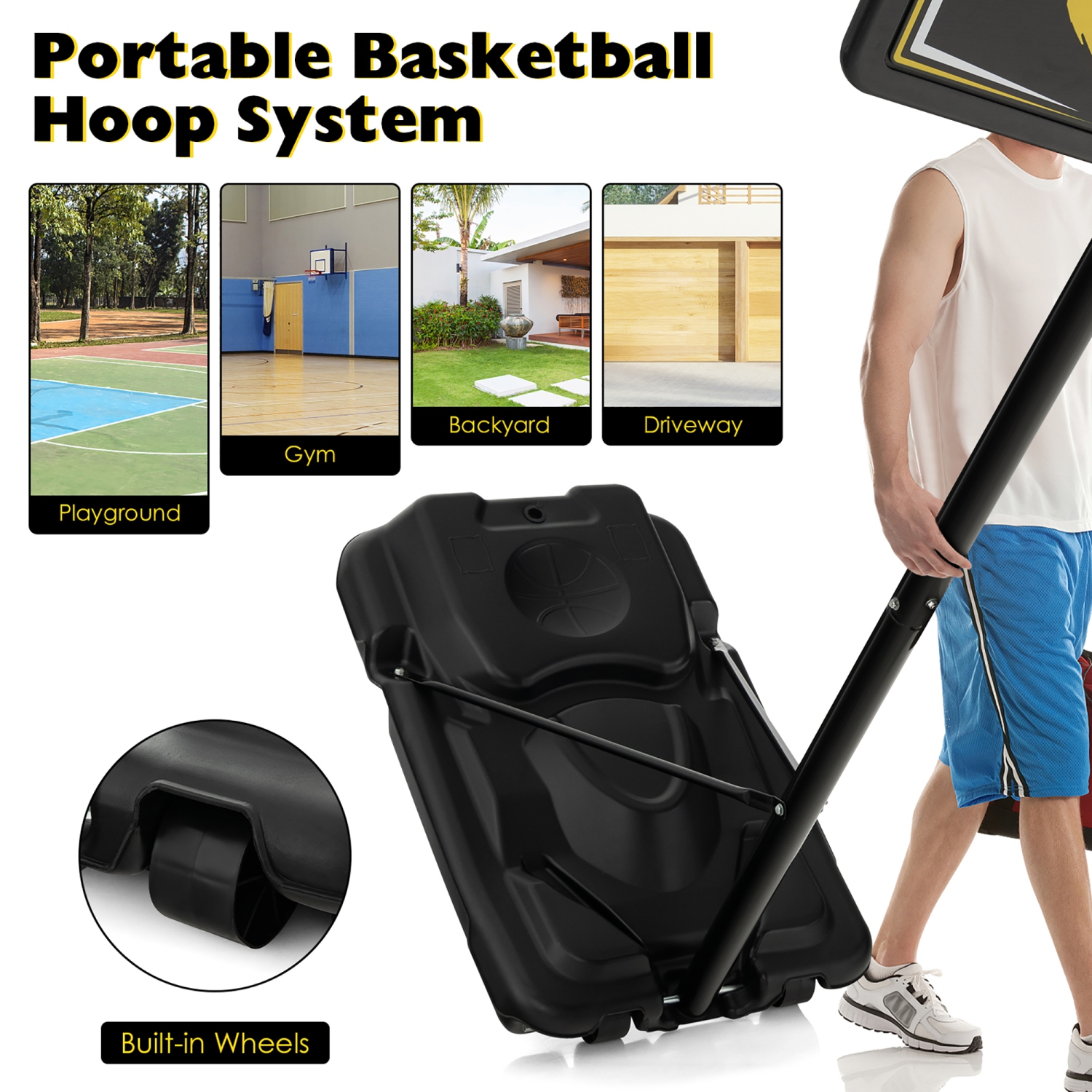 Costway 4.25-10FT Portable Adjustable Basketball Goal Hoop System with 2 Nets Fillable Base