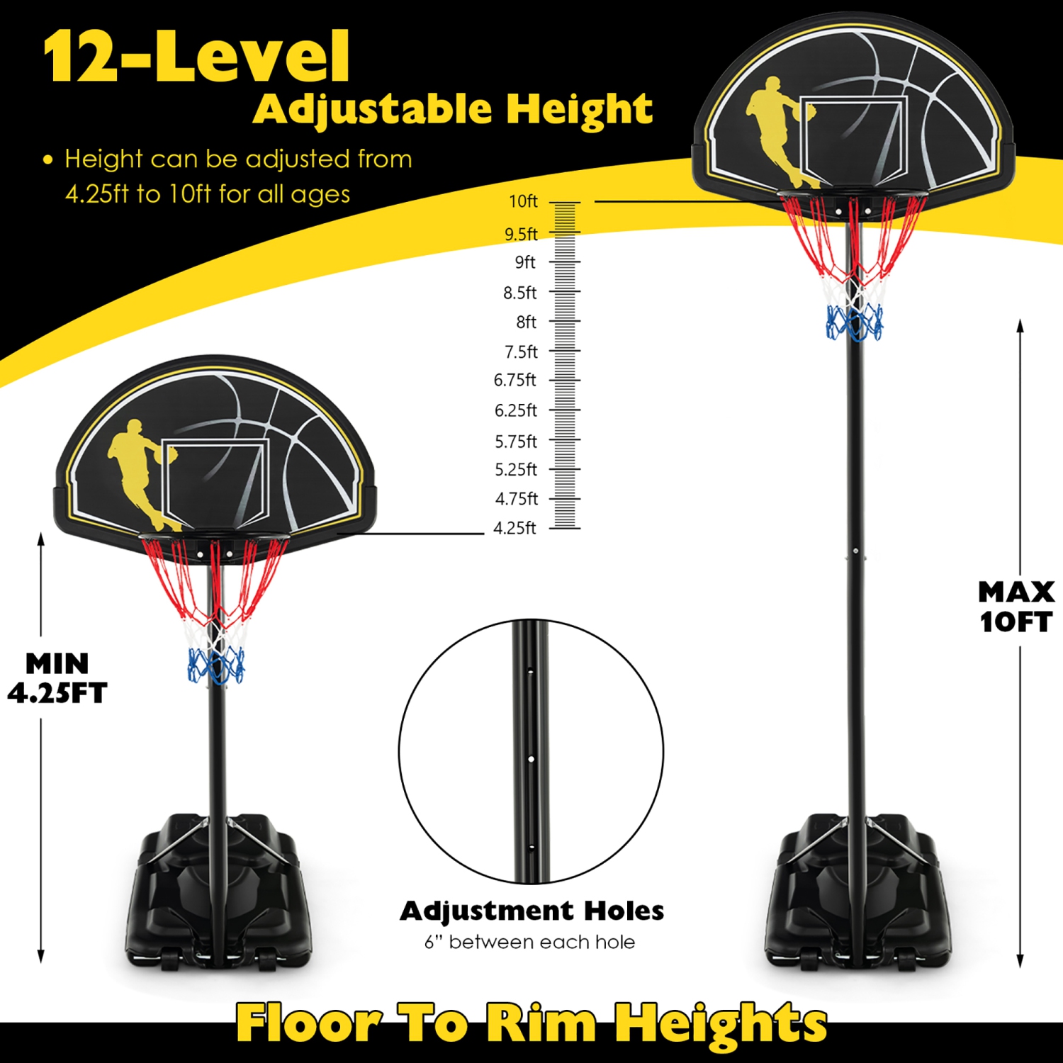 Costway 4.25-10FT Portable Adjustable Basketball Goal Hoop System with 2 Nets Fillable Base