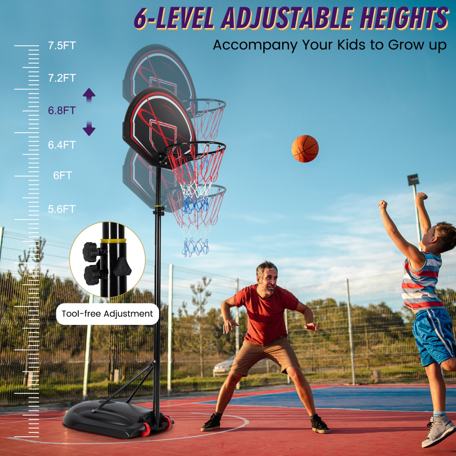 Costway 5.6-7.5FT Height Adjustable Basketball Hoop System Stand W/Wheels Adults & Youth