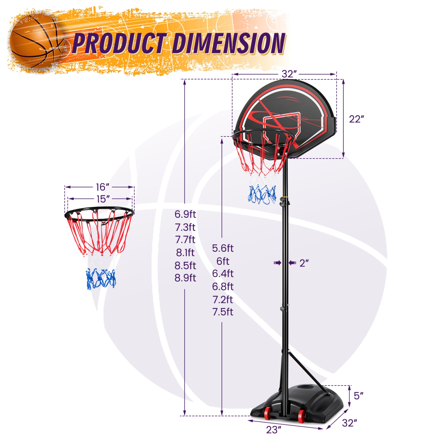 Costway 5.6-7.5FT Height Adjustable Basketball Hoop System Stand W/Wheels Adults & Youth