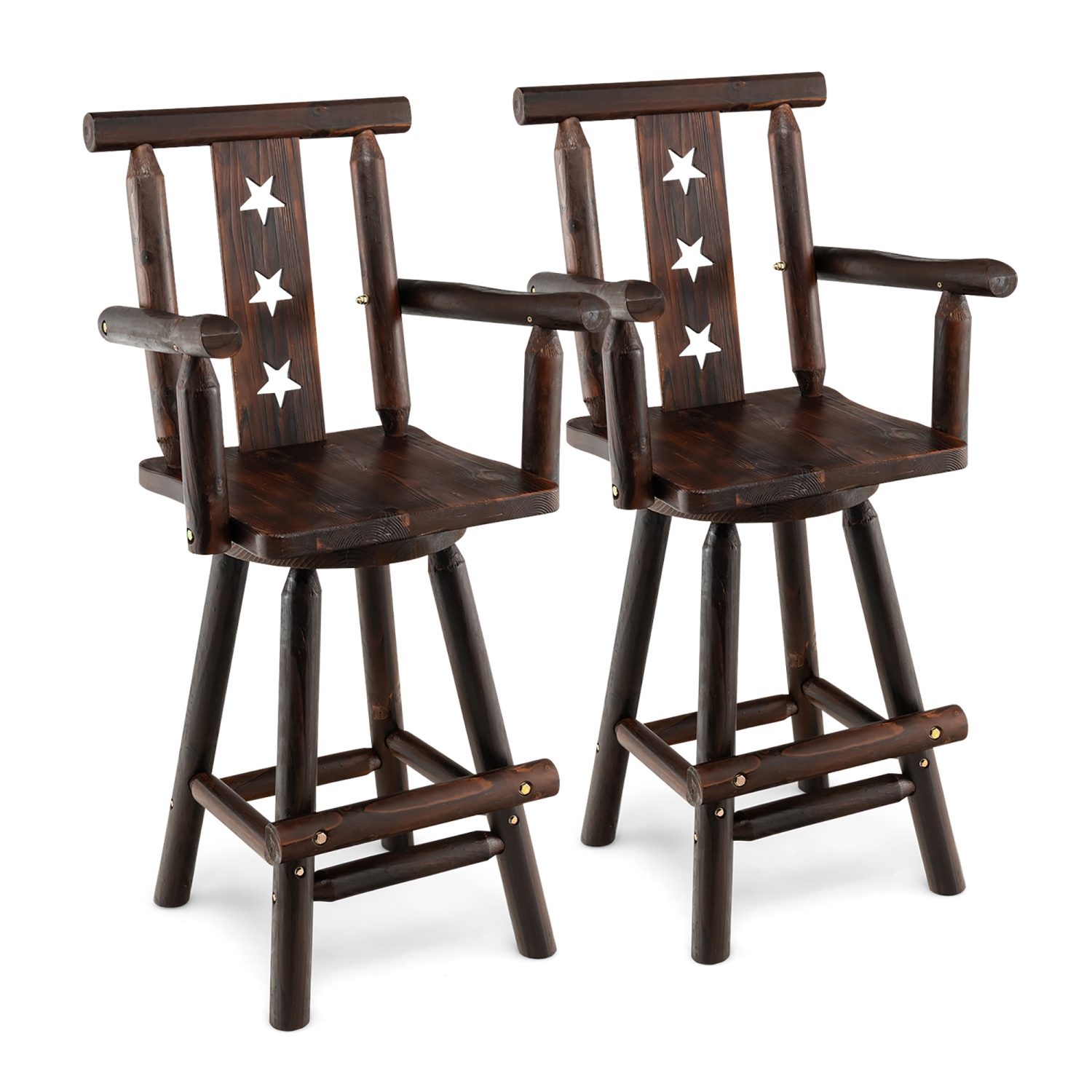 Costway Set of 2 Wooden Bar Stools Swivel Bar Height Kitchen Patio Chairs with Armrest