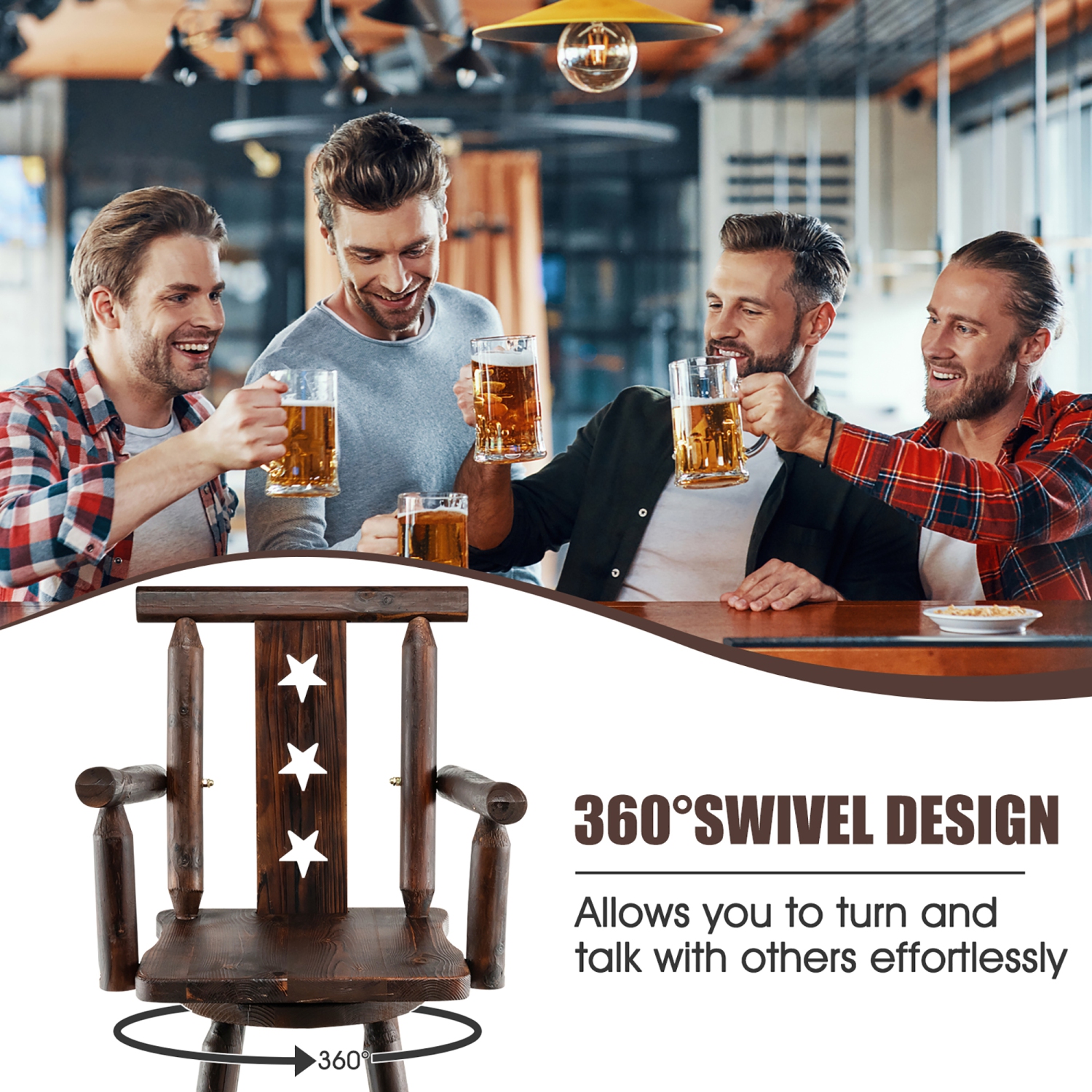 Costway Set of 2 Wooden Bar Stools Swivel Bar Height Kitchen Patio Chairs with Armrest