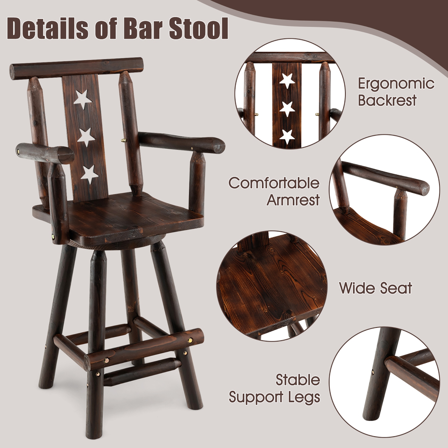 Costway Set of 2 Wooden Bar Stools Swivel Bar Height Kitchen Patio Chairs with Armrest