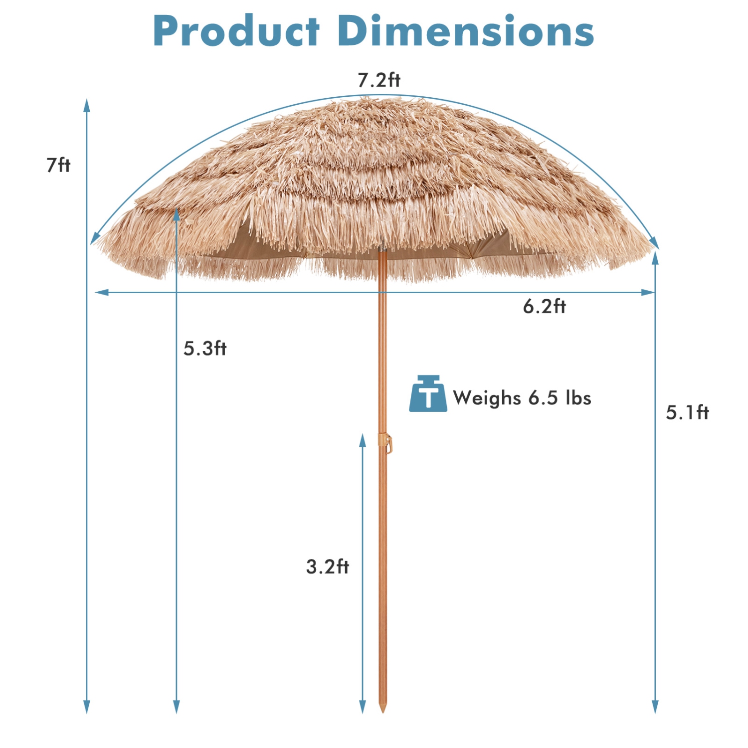 Parasol Tiki de patio de 7,2 pi inclinable à 8 nervures Hawaiian Hula Beach de Costway