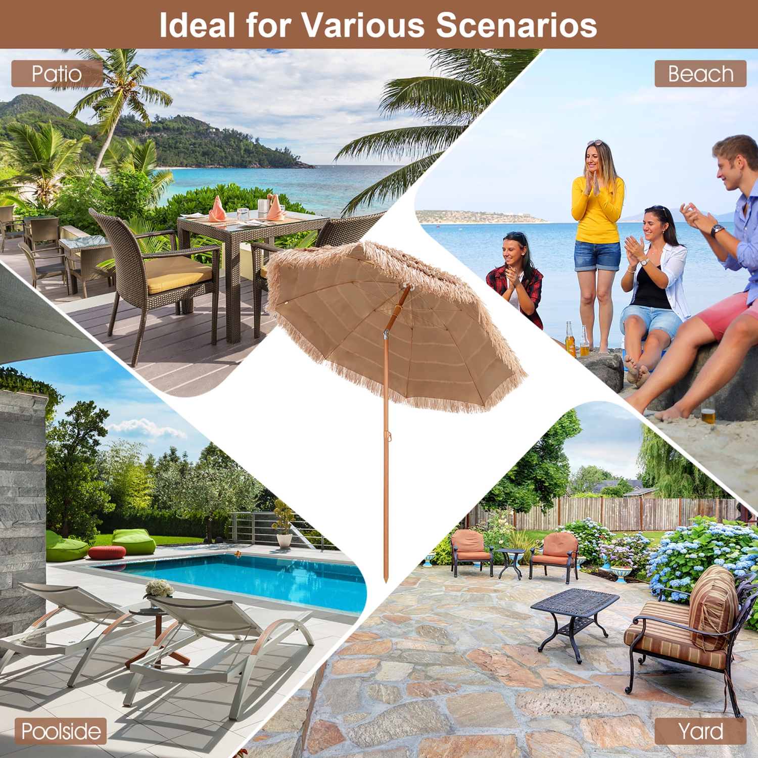 Parasol Tiki de patio de 7,2 pi inclinable à 8 nervures Hawaiian Hula Beach de Costway