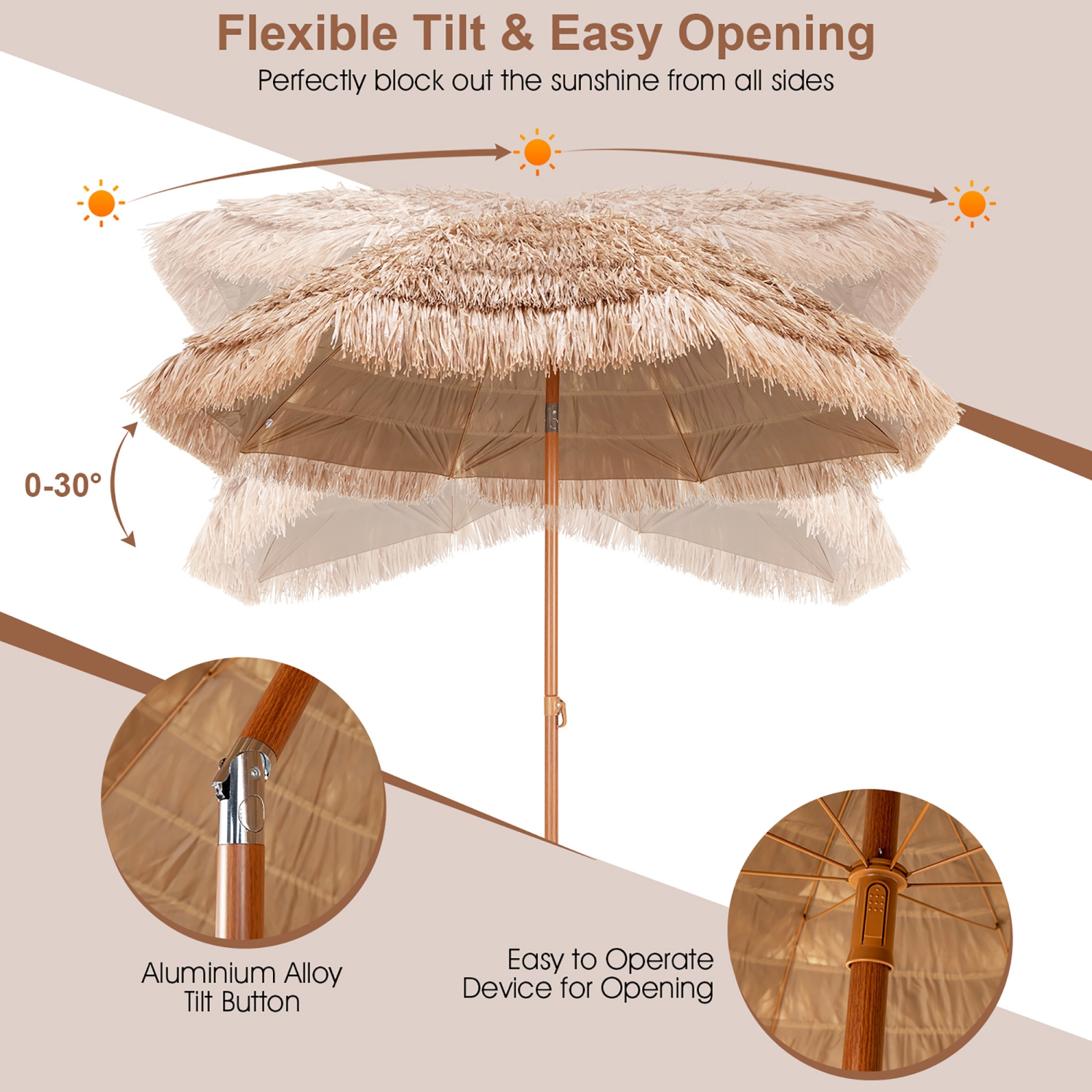 Parasol Tiki de patio de 7,2 pi inclinable à 8 nervures Hawaiian Hula Beach de Costway
