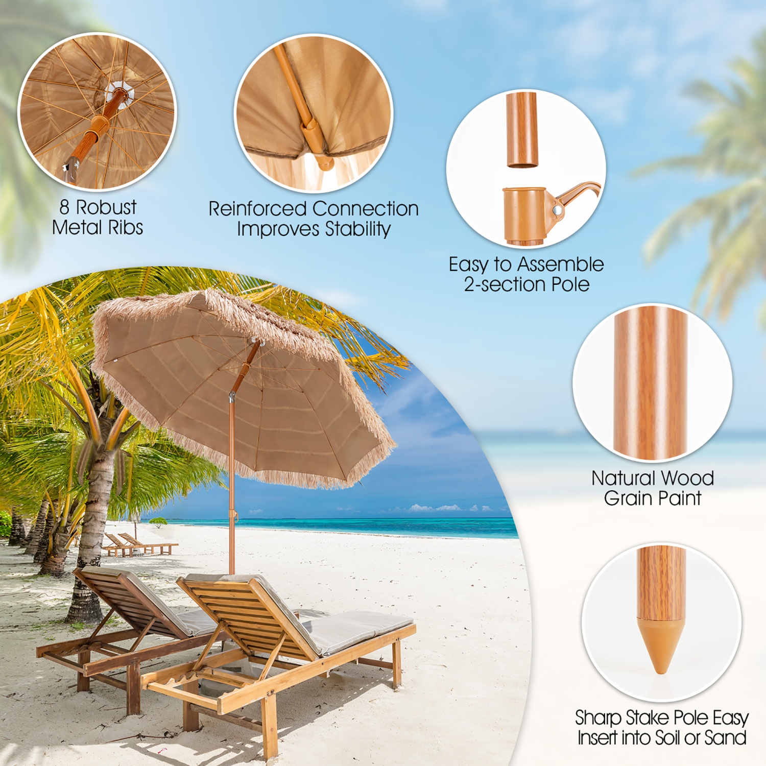 Parasol Tiki de patio de 7,2 pi inclinable à 8 nervures Hawaiian Hula Beach de Costway