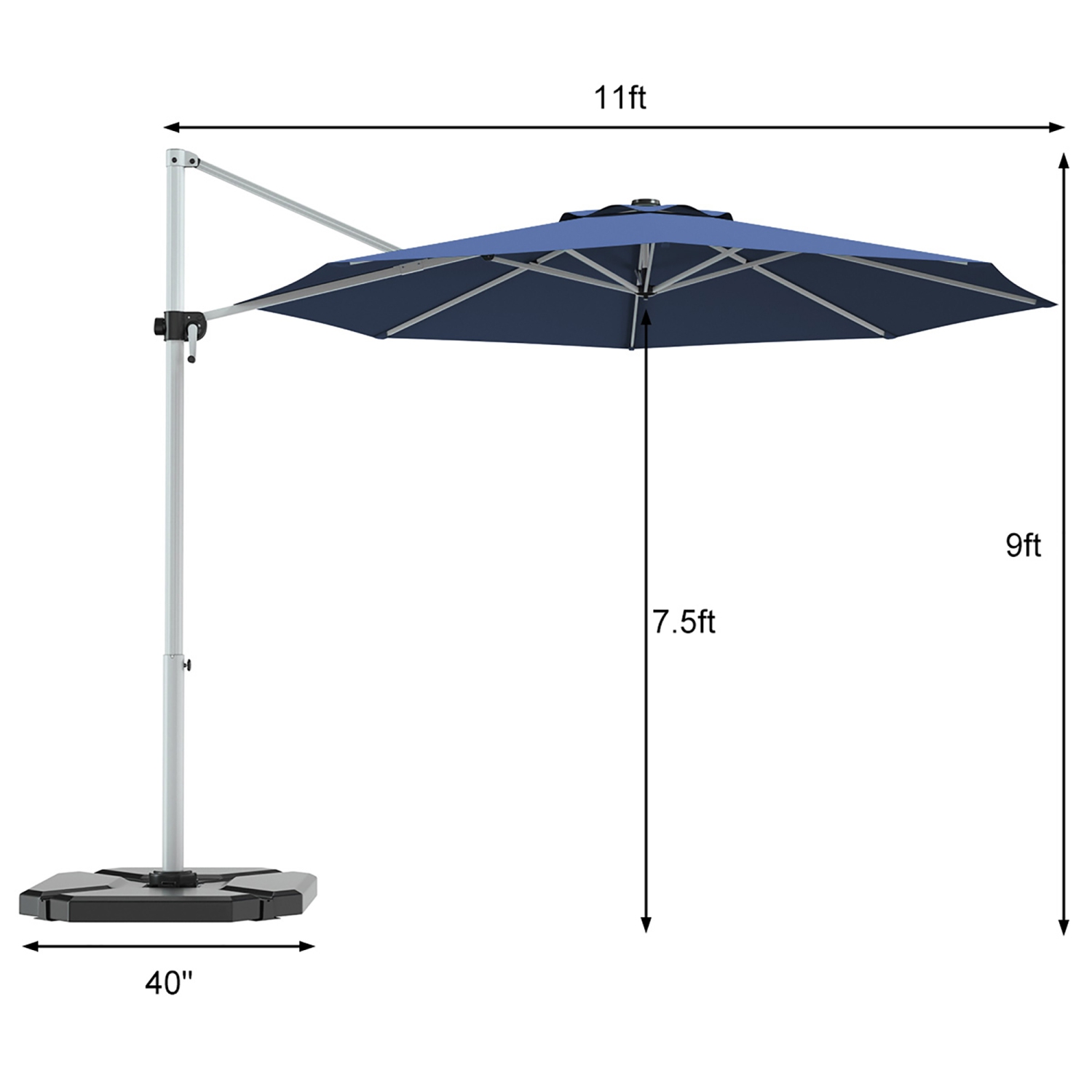 Parasol de patio en porte-à-faux décalé de 11 pi de Costway pivotant sur 360 degrés et inclinable en aluminium